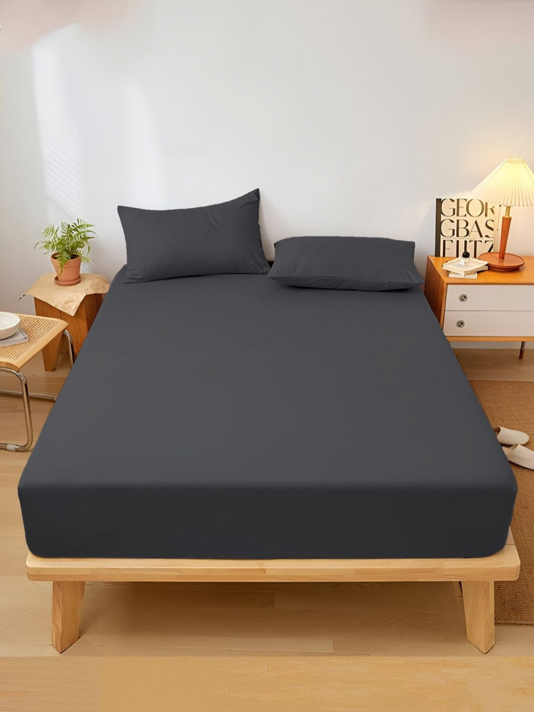 BAMA INDIA Grey Pure Cotton 500 TC Queen Bedsheet Set 2.28 m x 2.54 m