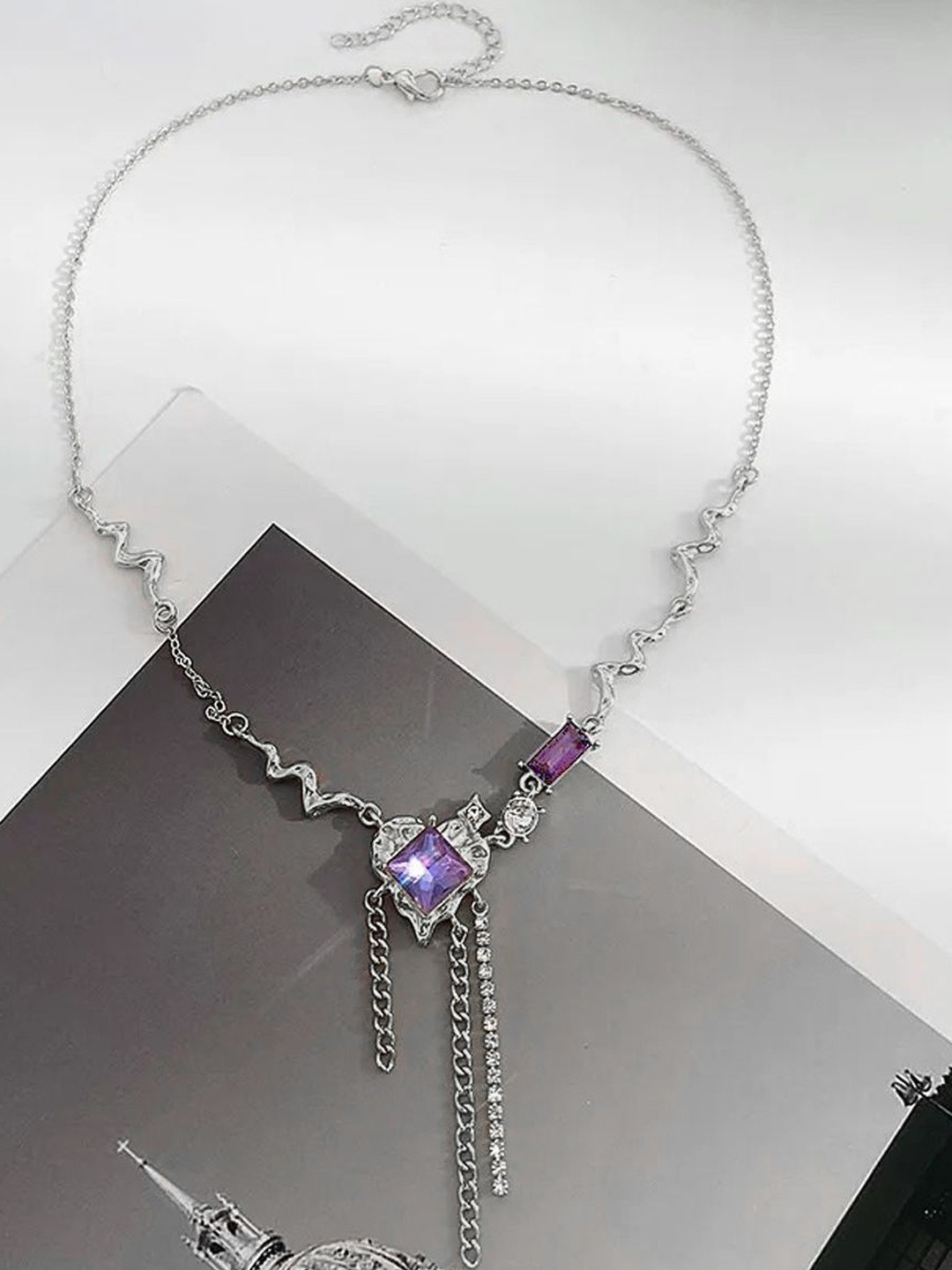 Silver Plated Geometric Chain Necklace with Purple and Crystal Stone Detailing