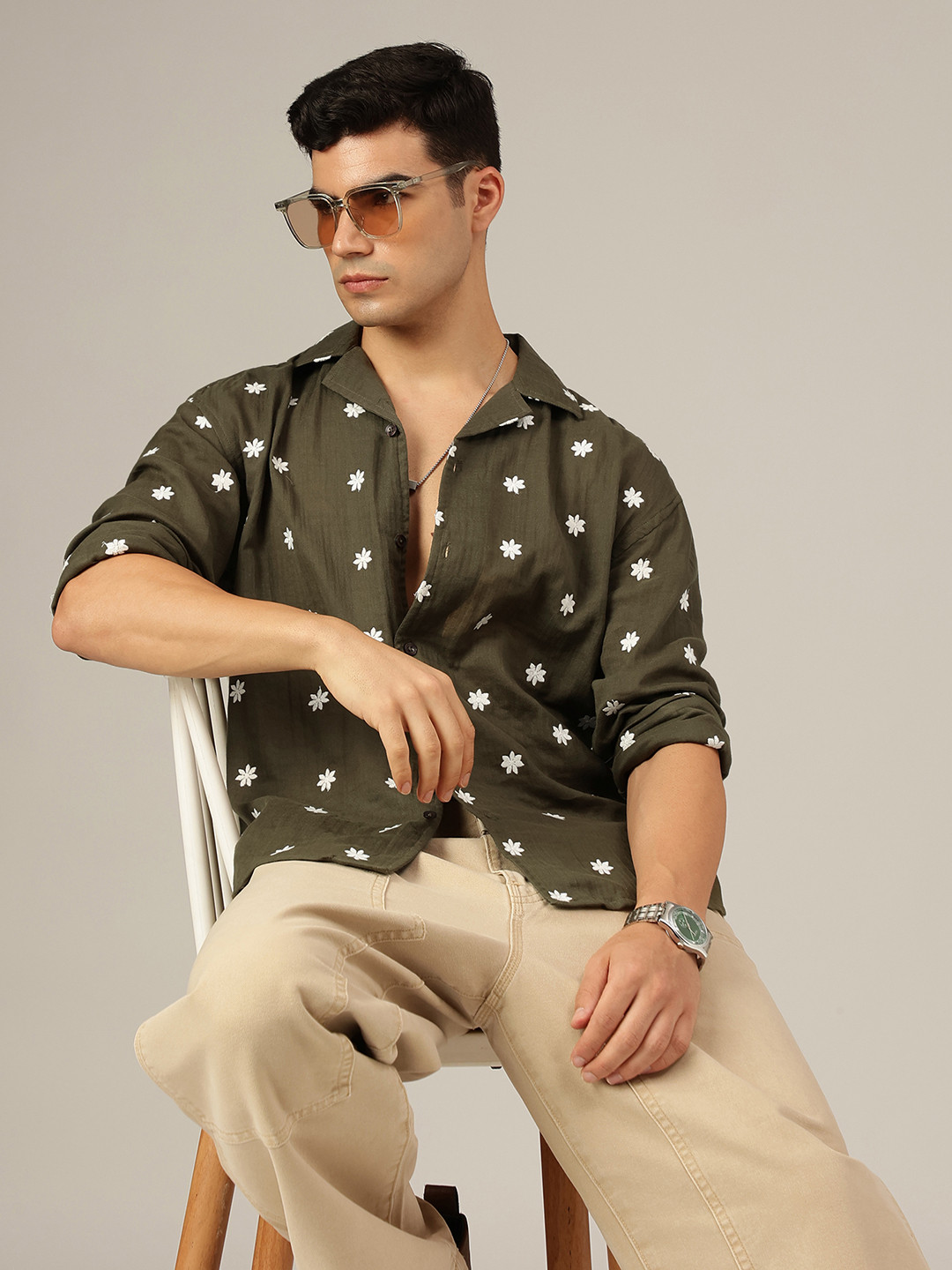 DENNISON Muslin Double Gauge Embroidered Relaxed Fit Shirt