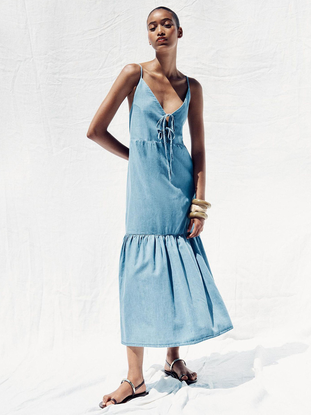 LULU & SKY Women Tie-Ups Tiered Shoulder Straps Fit and Flare Midi Dress