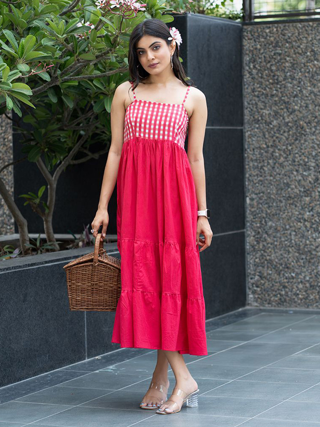 In Your Dreams Women Checked Shoulder Straps Cotton A-Line Midi Dress