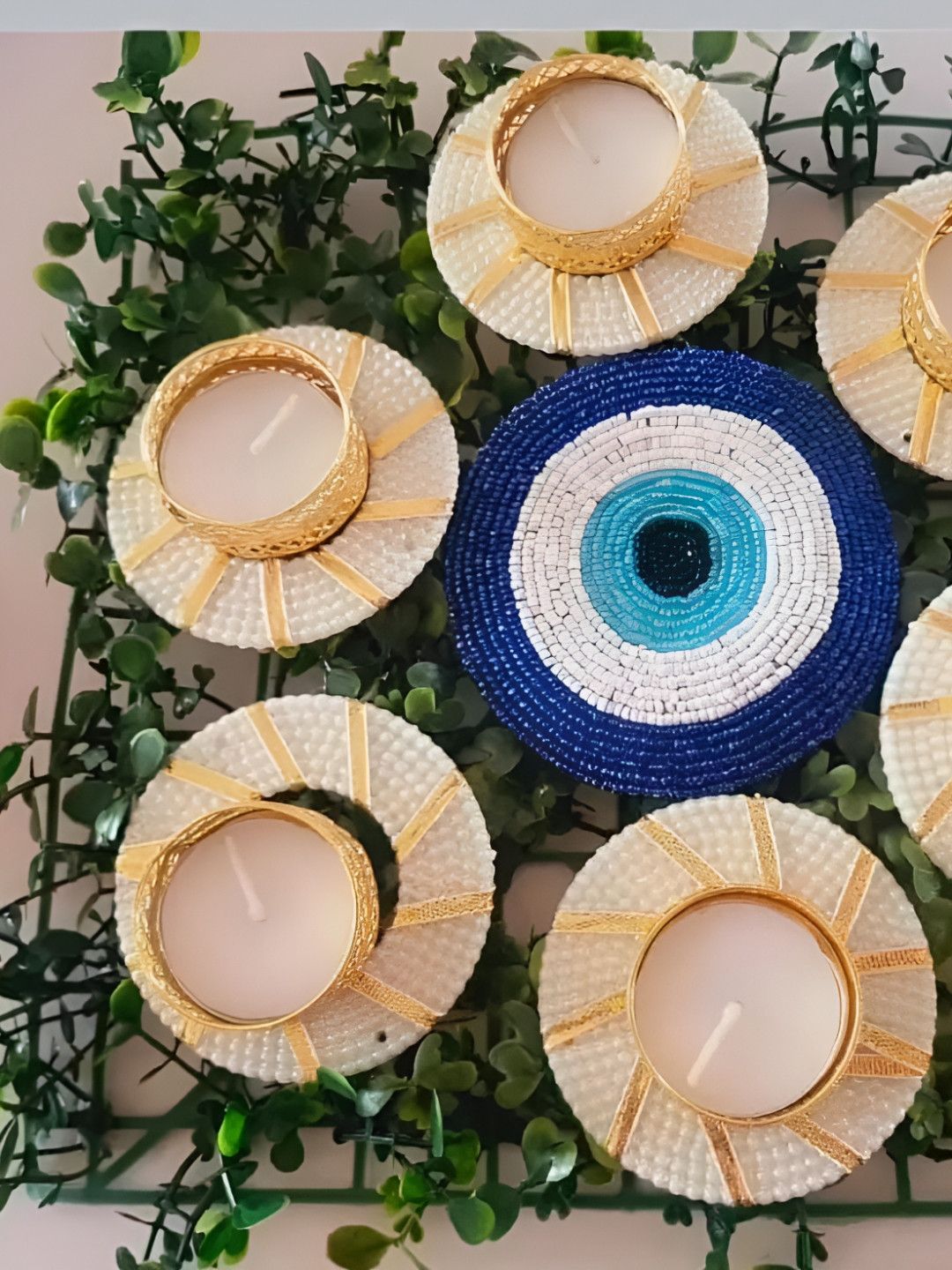 Sellplus 7Pcs White & Blue Lace Moti Chudi With Evil Eye Candle Holders