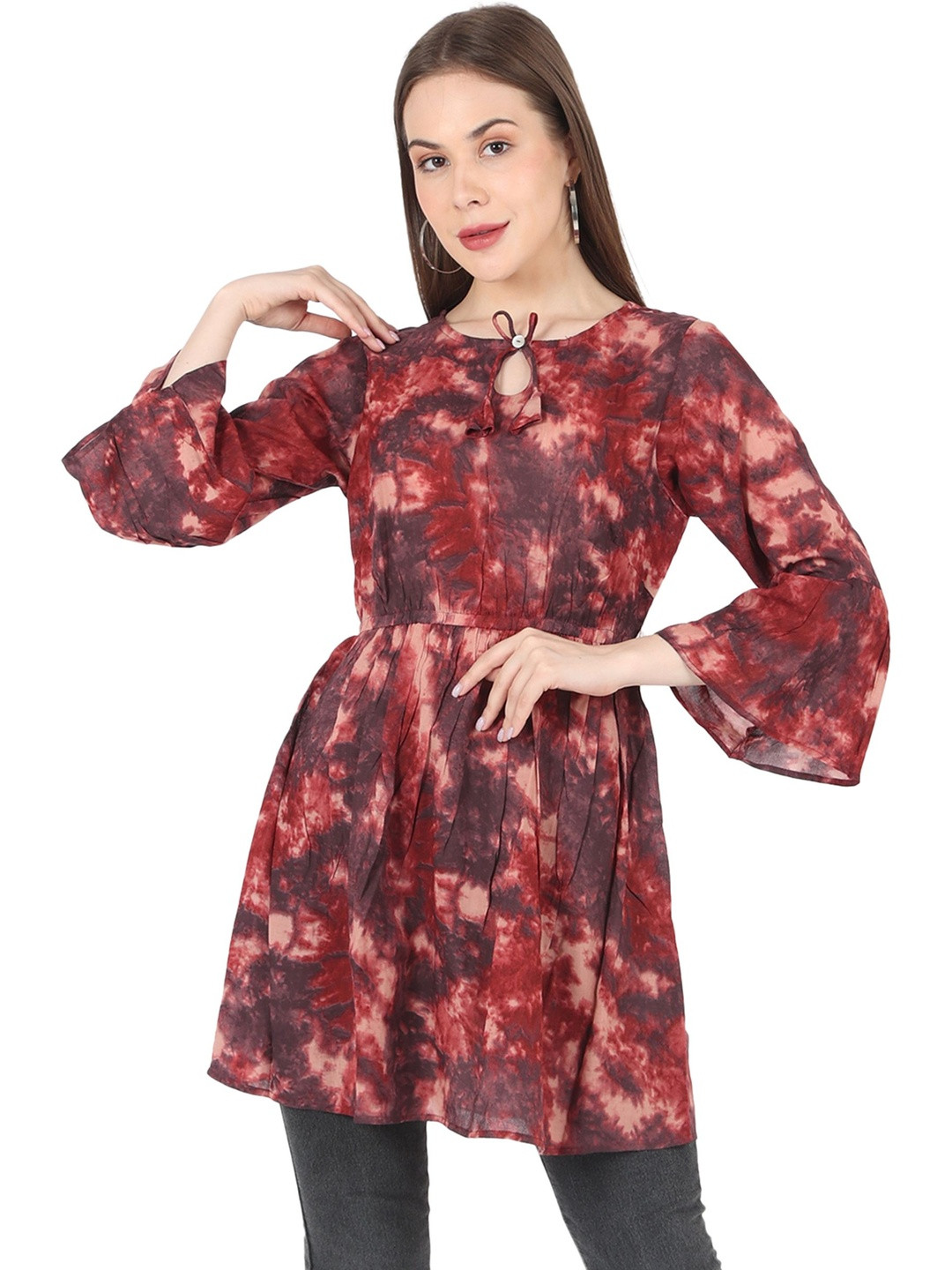 MJ LIFE STYLE Tie and Dye Print Bell Sleeve Cotton Top