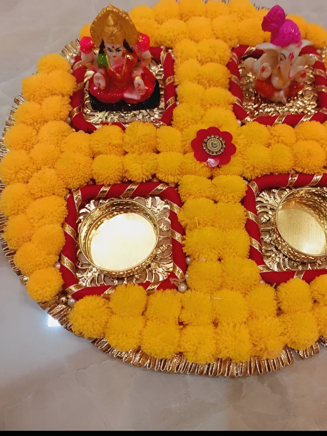 Sellplus Yellow & Pink Decorative Pom-Pom With Ganesh Jii Lasmi Jii Candle Holder