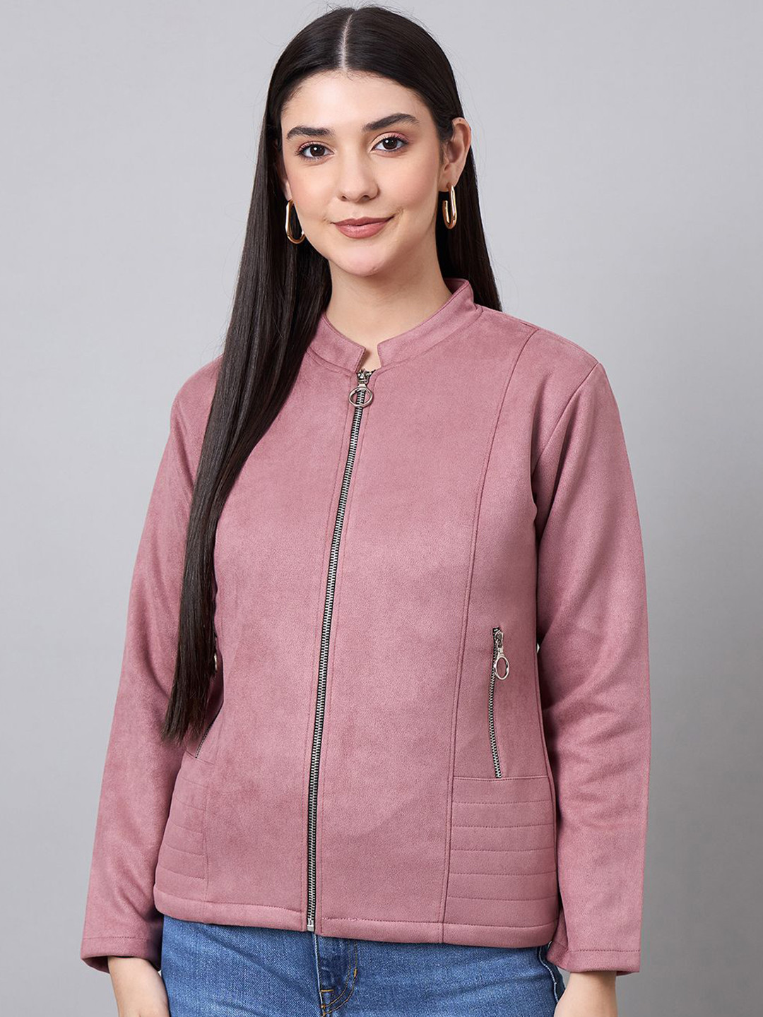 Spink Women Solid Lightweight Mandarin Collar Open Front Jacket