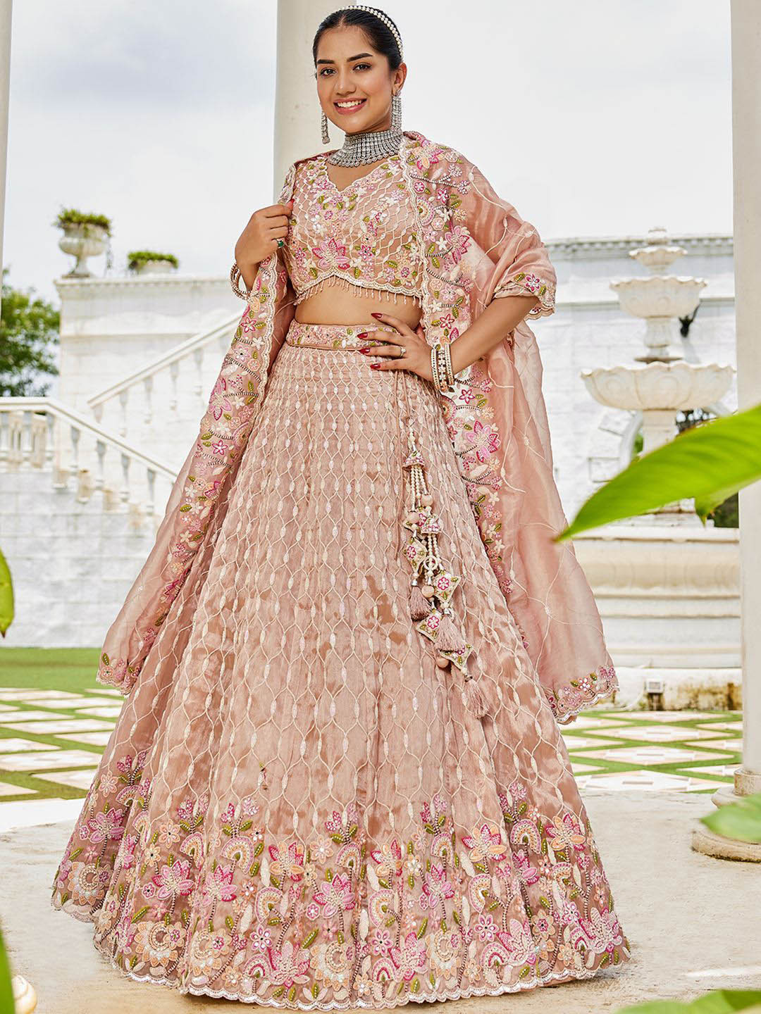 panchhi Nude Embroidered Satin Silk Sequinned Ready To Wear Lehenga & Blouse With Dupatta