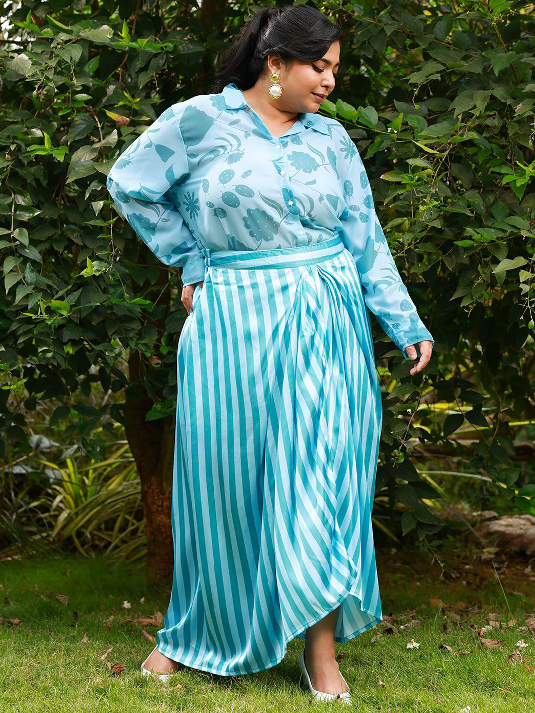 Instafab Plus Printed Shirt Collar Shirt & Skirt Co-Ords