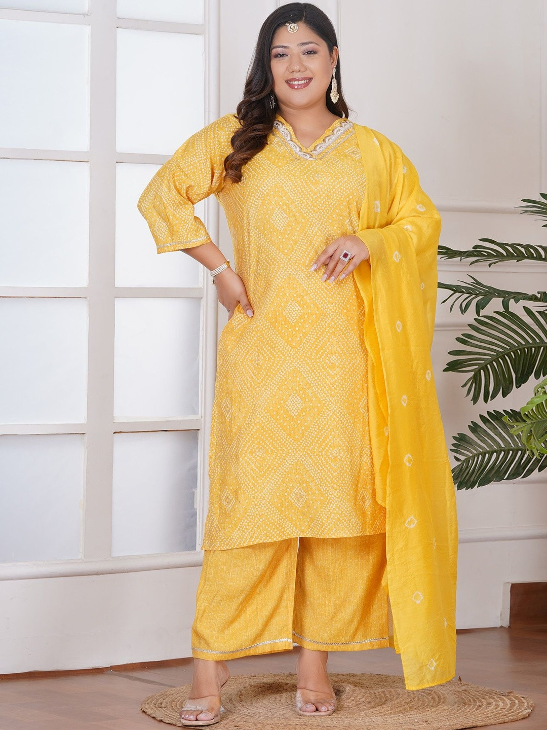 Bani Women Women Bandhani Printed Thread Work Liva Plus Size Kurta Set With Dupatta