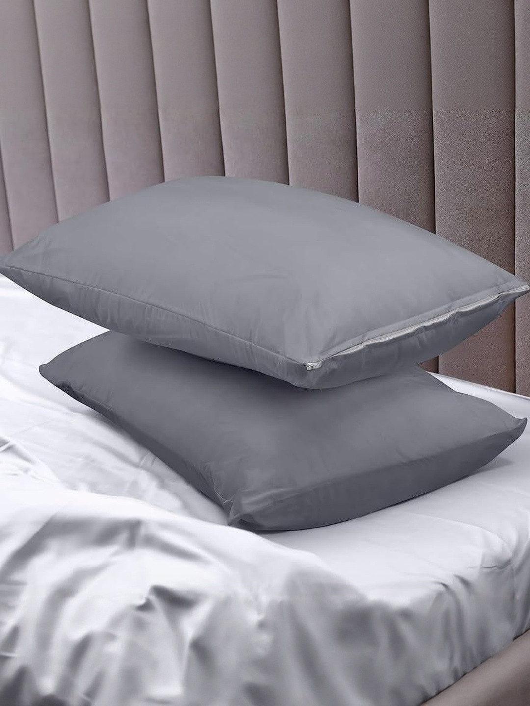AGS ACTIVE Pack Of 2 Grey Rectangular Cotton Water Resistant Zipper Pillow Protector