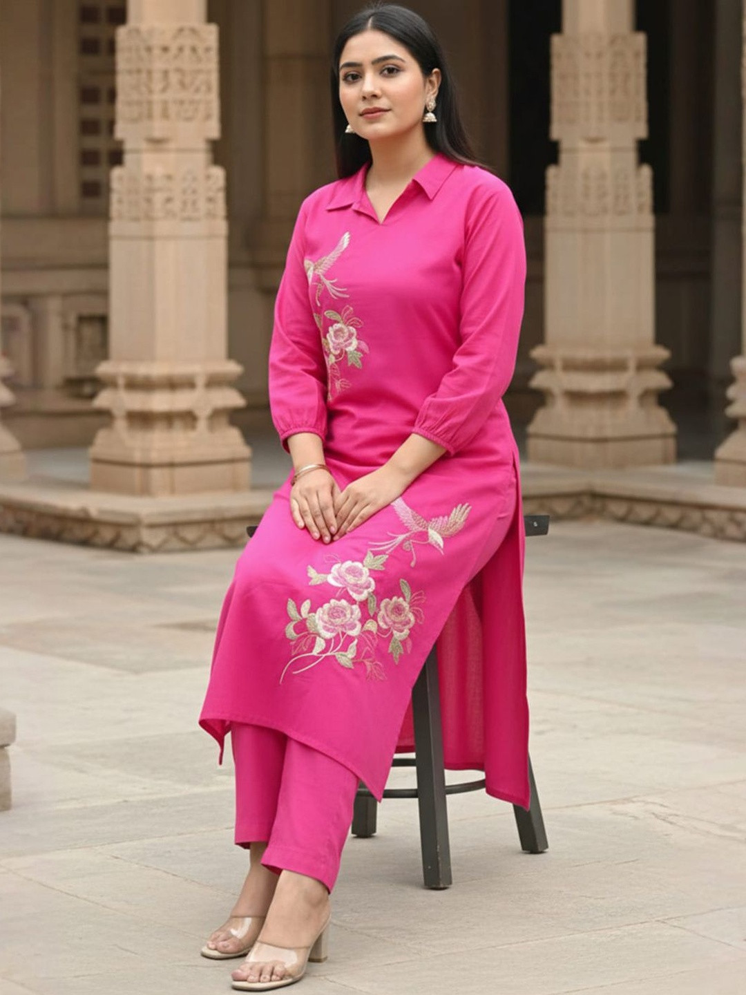 Indo Era Women Floral Embroidered Regular Thread Work Pure Cotton Kurta with Trousers