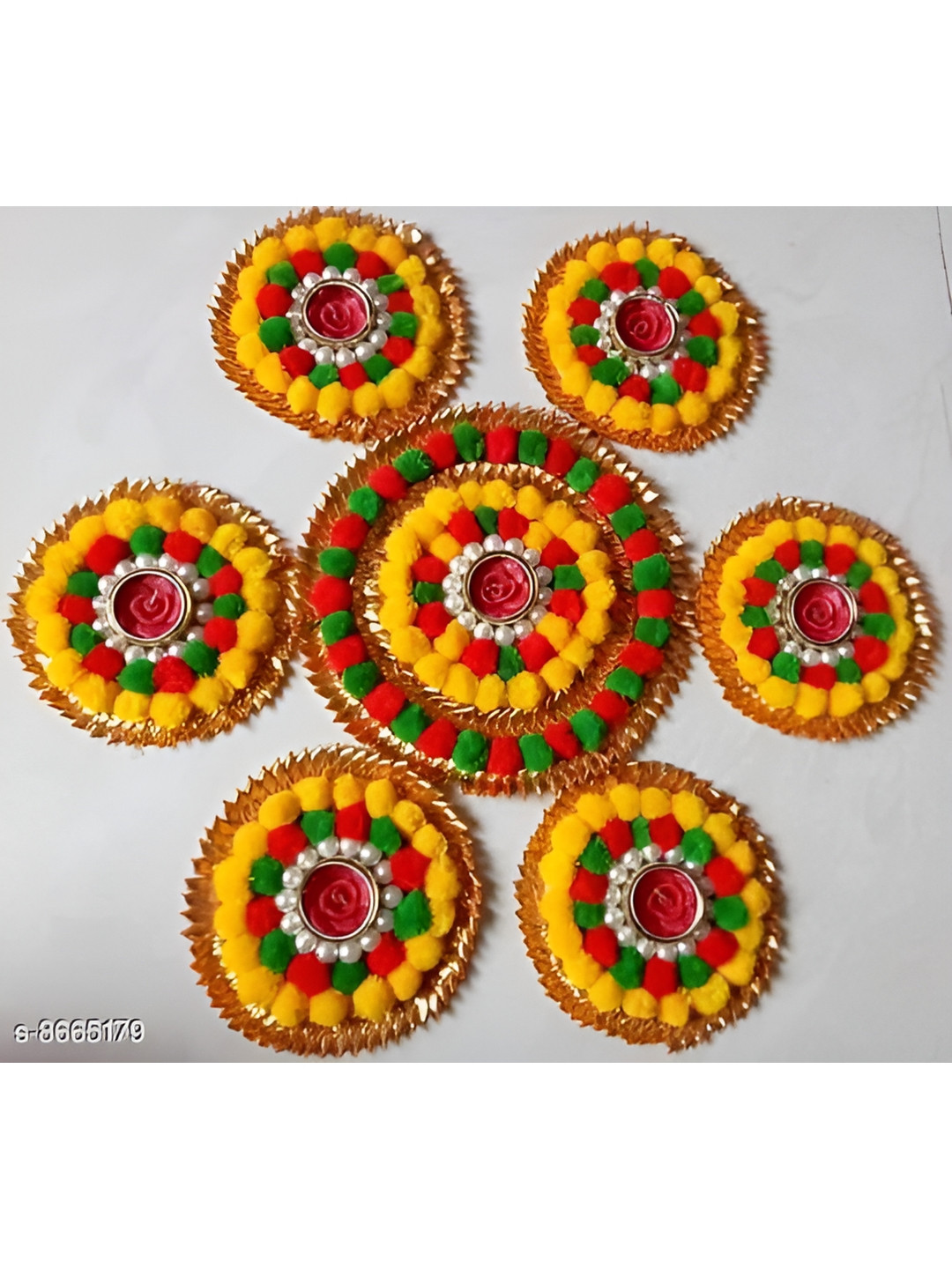 Sellplus 7Pcs Yellow & Red Pom-Pom With Moti Candle Holder