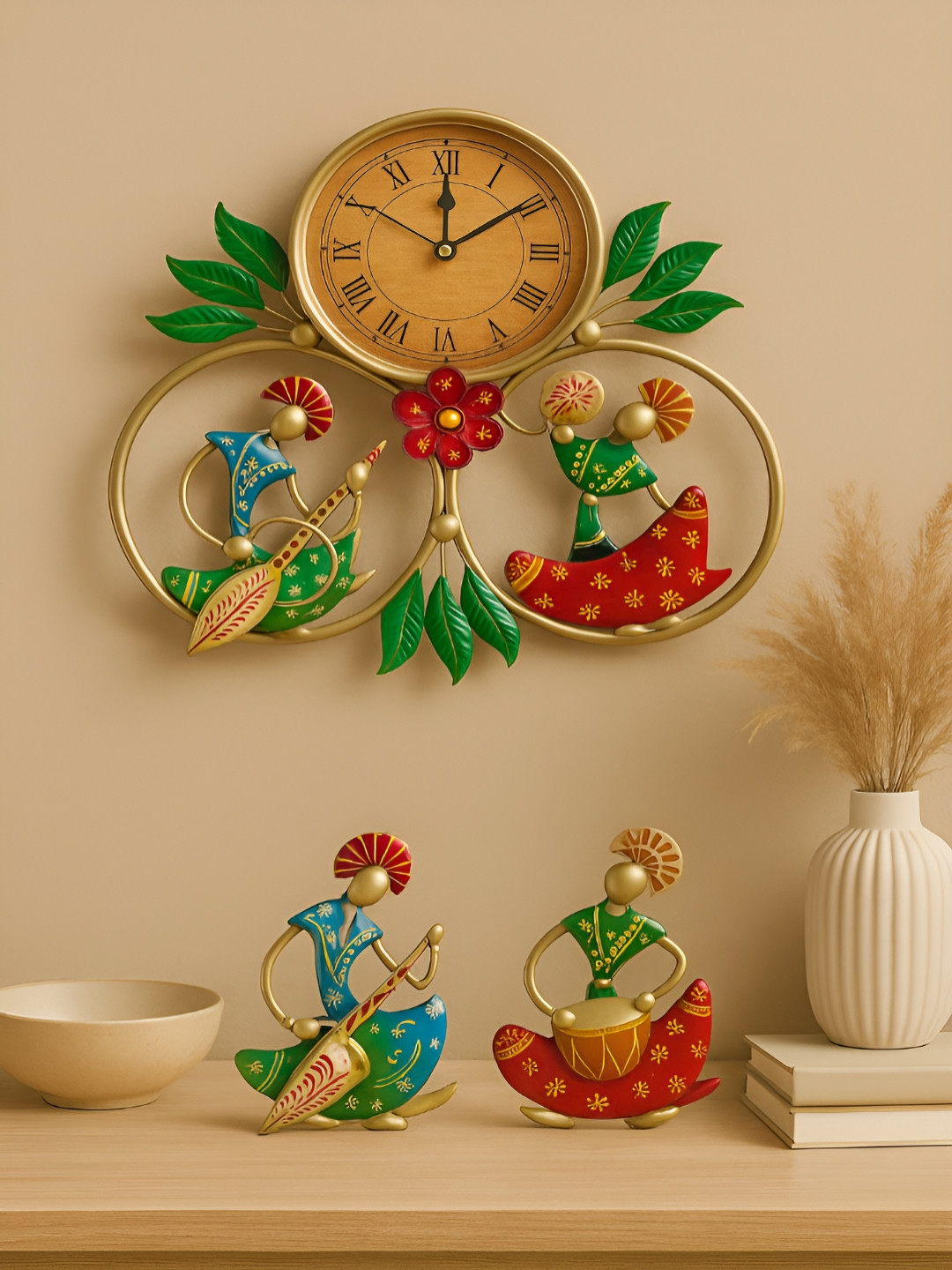 MAA BHAWANI HANDIKRAFTS Gold Toned & Green Round Musician Wall Hanging Clock