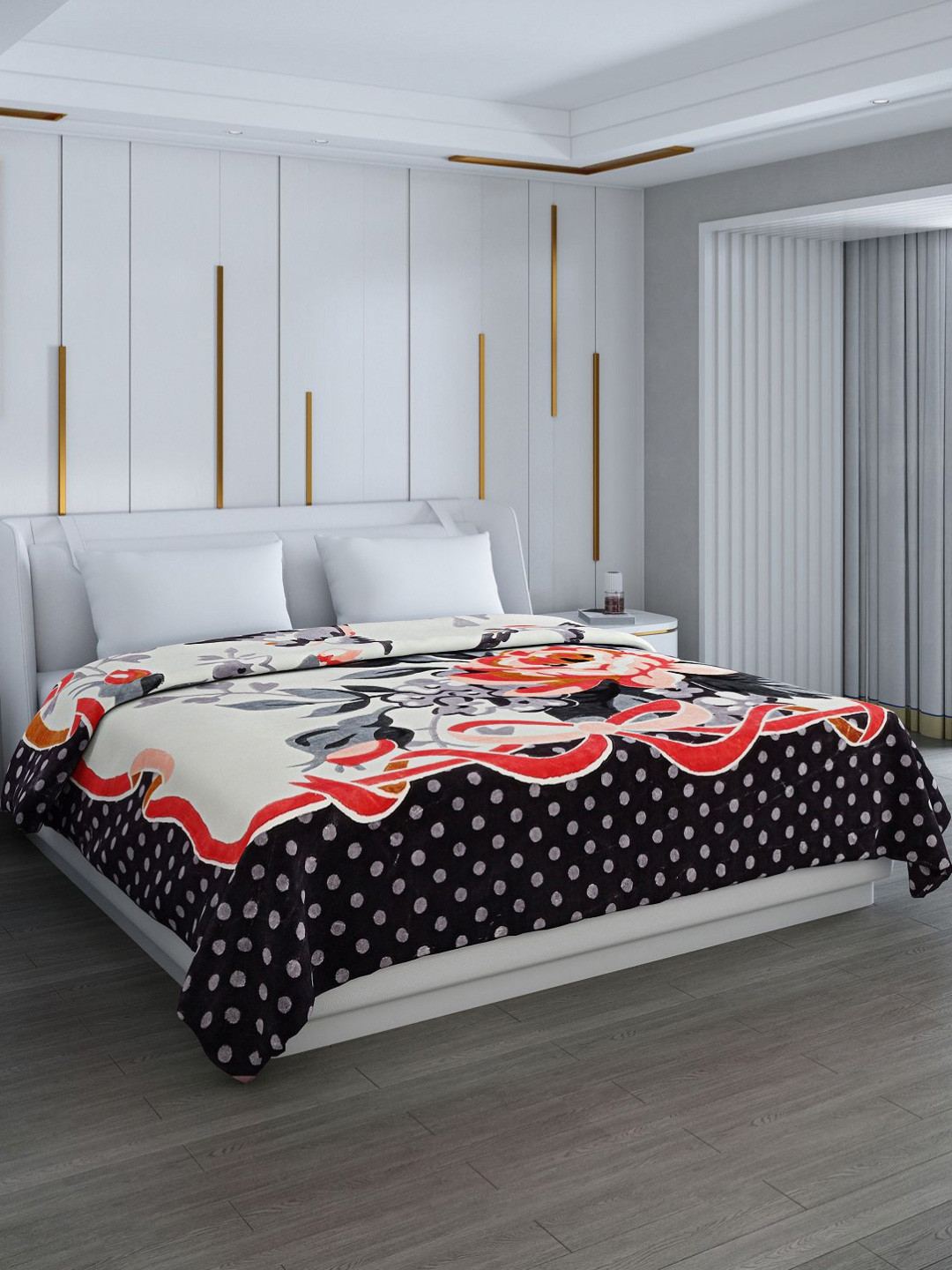 Monte Carlo White & Grey Floral Printed 1000 GSM Heavy Winter Double Bed Blanket