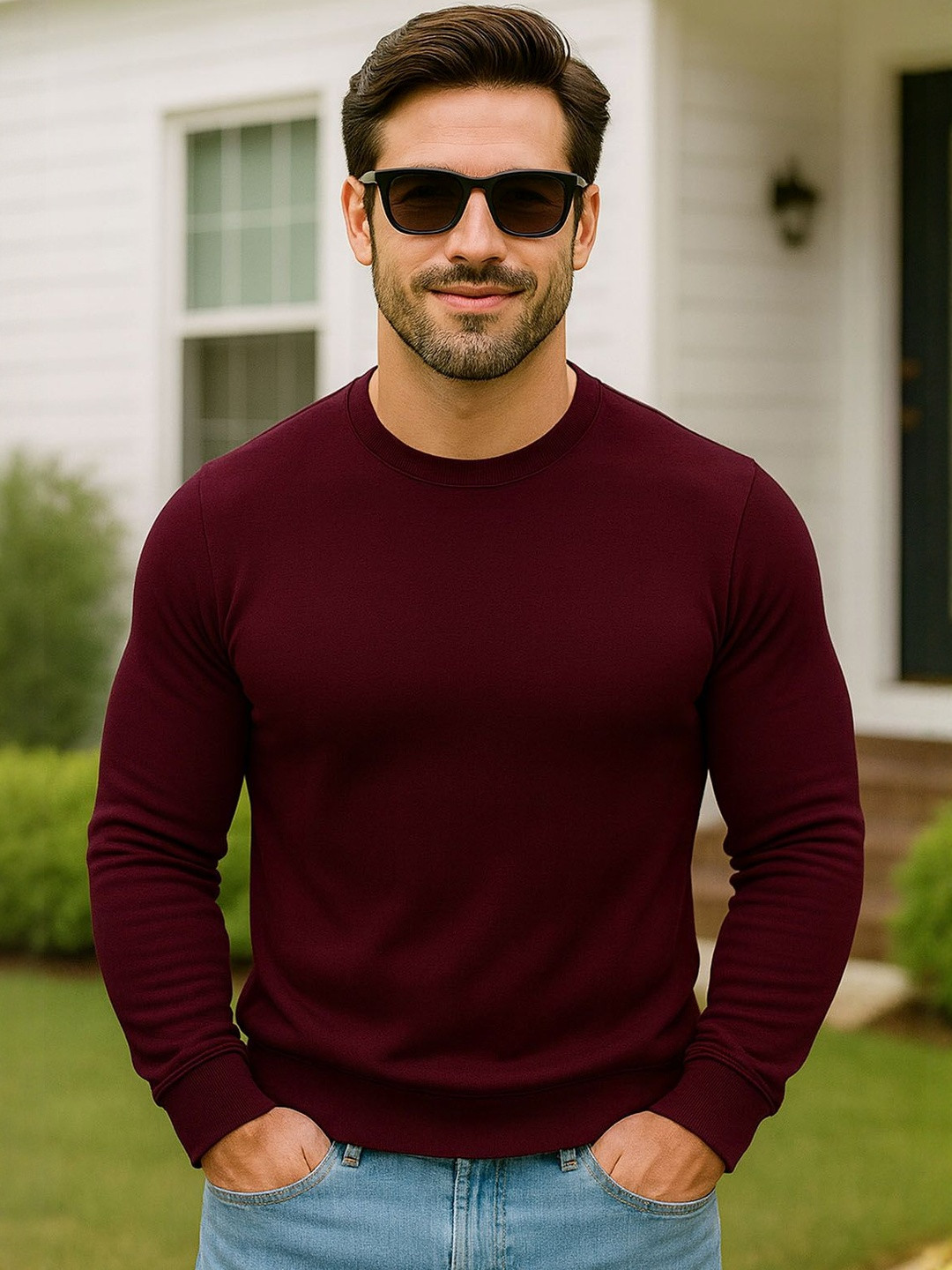 SZN Men Burgundy Round Neck Long Sleeves Ribbed Fleece Sweatshirt