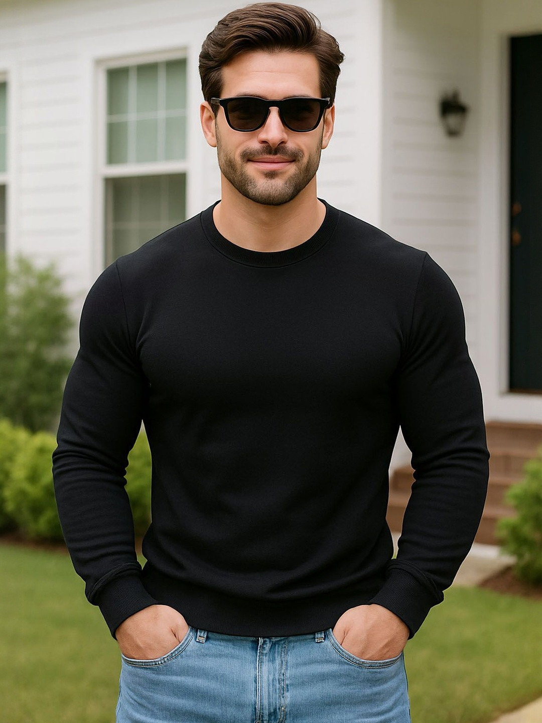 SZN Men Sweatshirt Men Round Neck Long Sleeves Ribbed Fleece Sweatshirt