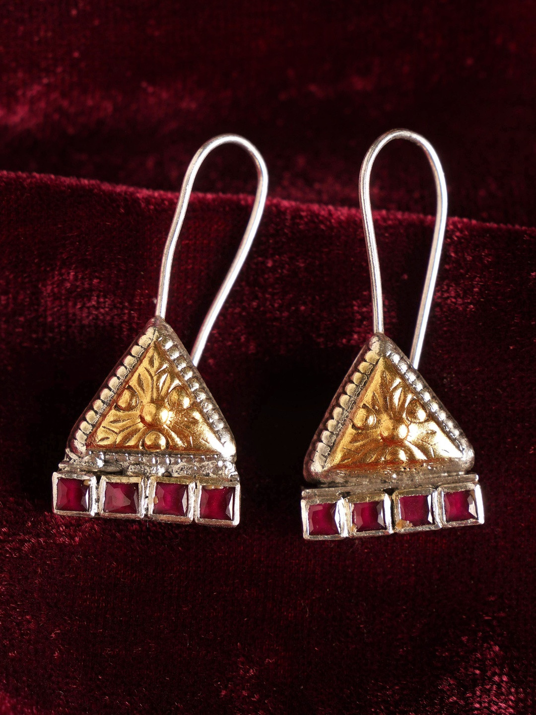 JAYPORE Silver Garnet Studded Triangular Drop Earrings