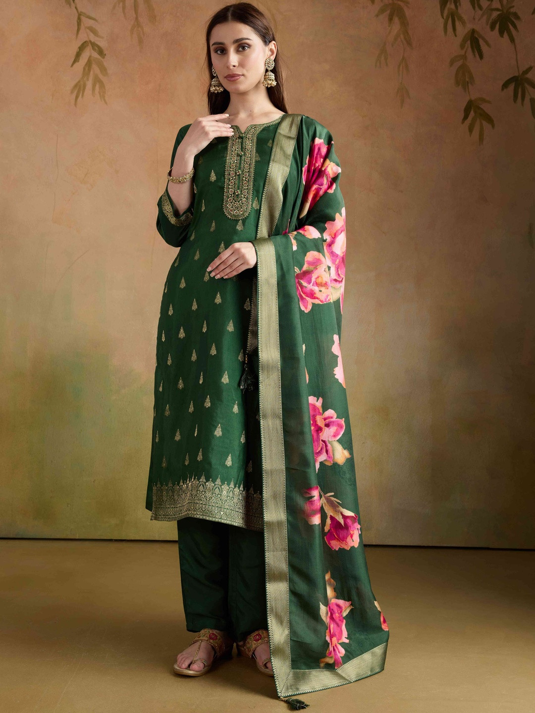 SHILL INTERNATIONAL Embroidered Round Neck Straight Kurta With Trouser & Dupatta