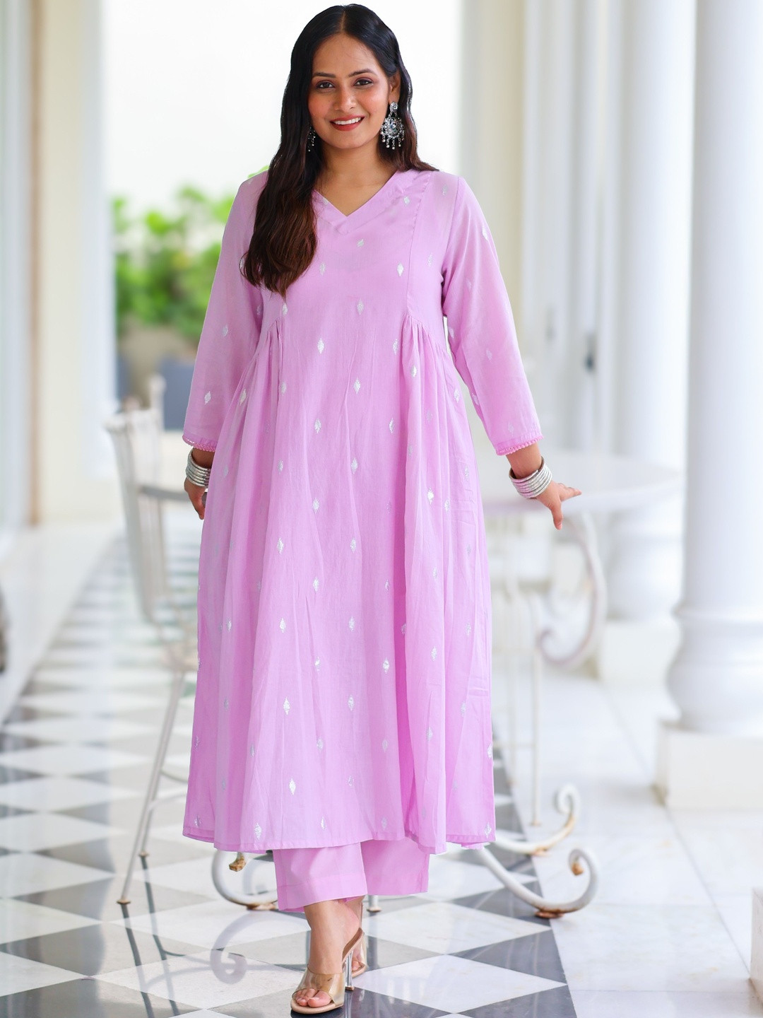 Sivaka India Women Plus Size Ethnic Motifs Embroidered Cotton A-Line Kurta with Trousers