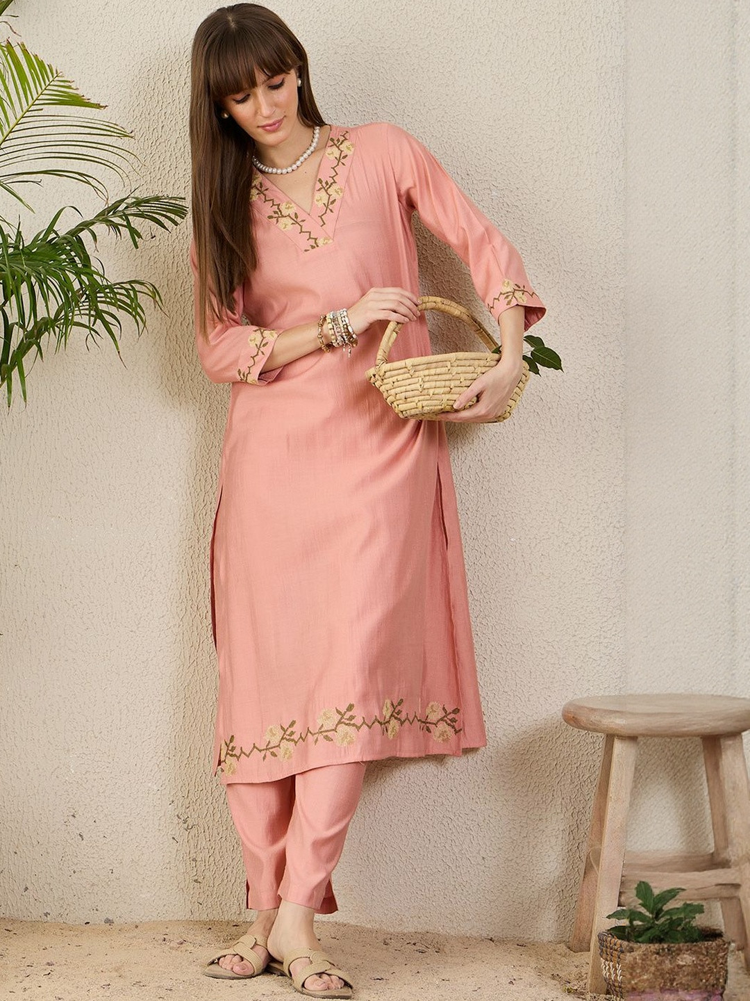 Indo Era Women Floral Embroidered V-NeckThread Work Kurta with Trousers