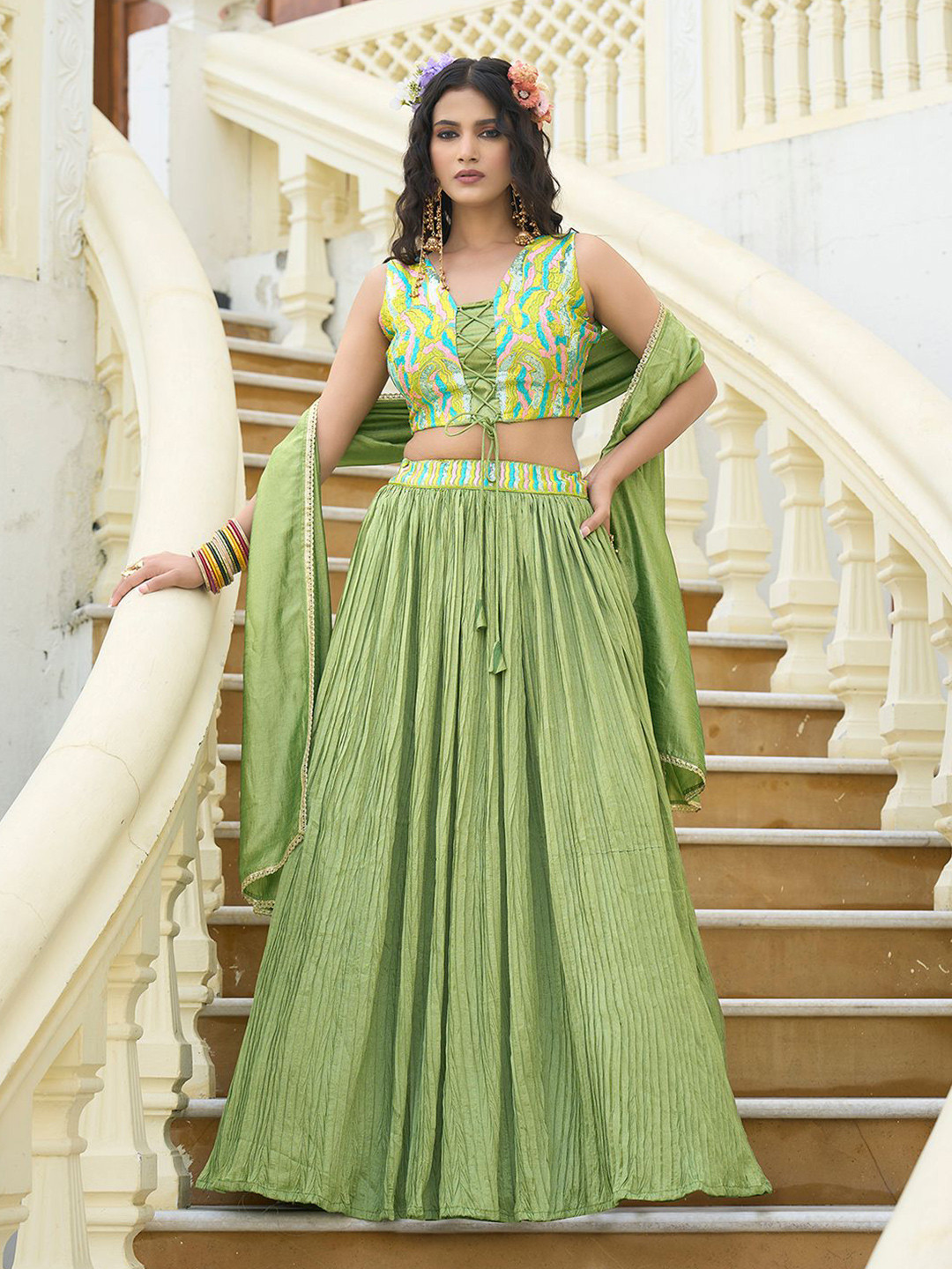 PURVAJA Emroidered Thread Work Ready To Wear Lehenga & Unstitched Blouse With Dupatta