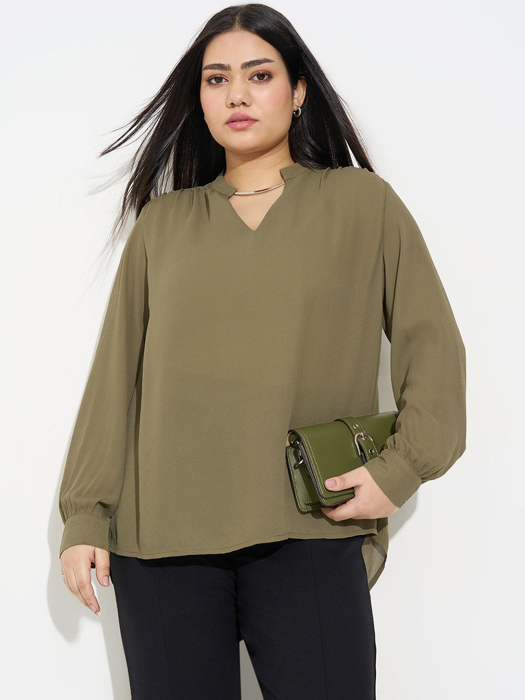 Honey Curvytude by Pantaloons Mandarin Collar Cotton Top