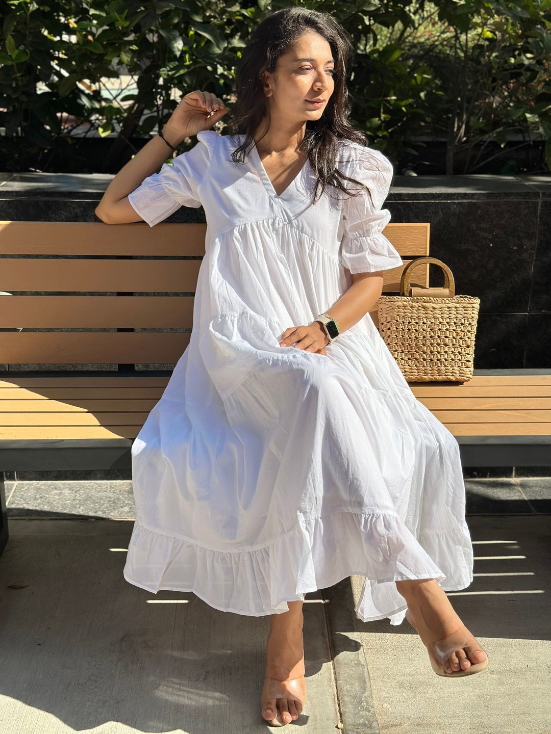 In Your Dreams Puff Sleeve Tiered Cotton Empire Midi Dress