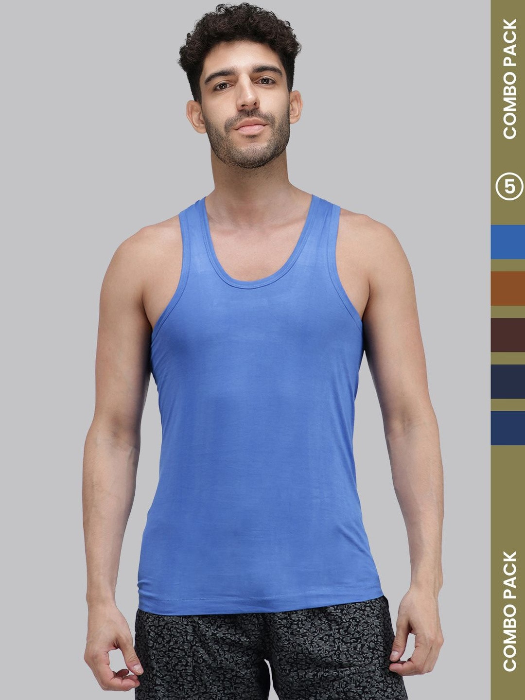 Amul Comfy Men Pack of 5 Plain Cotton Multi Coloured Sleeveless Vest