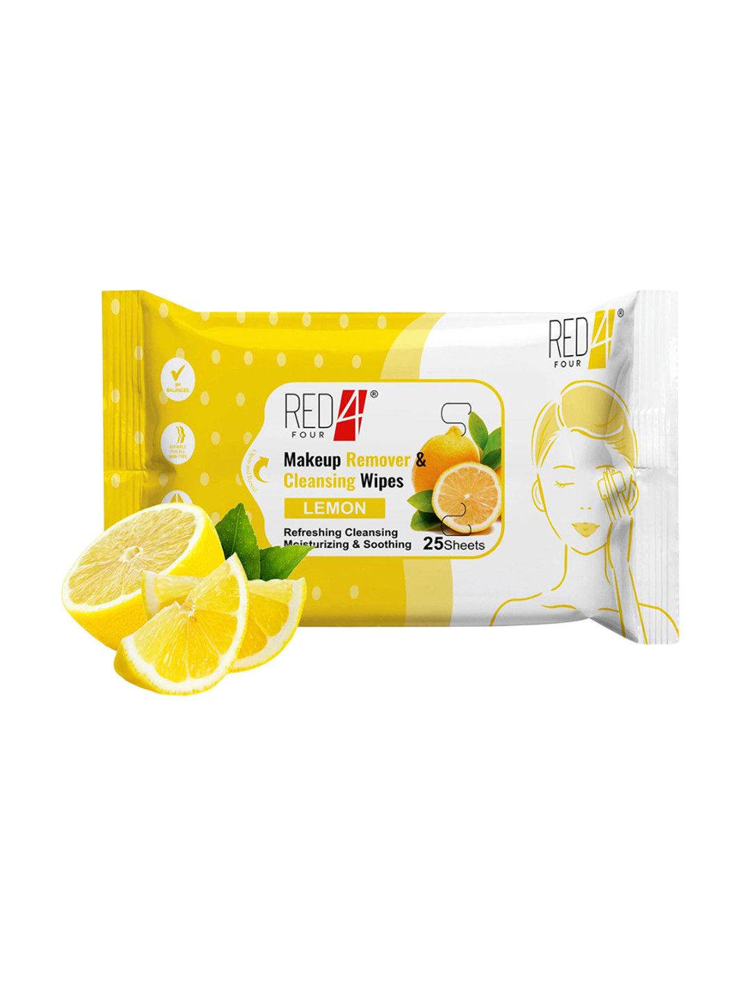 RED 4 Makeup Remover & Cleansing Wipes- 25 Wipes- Lemon