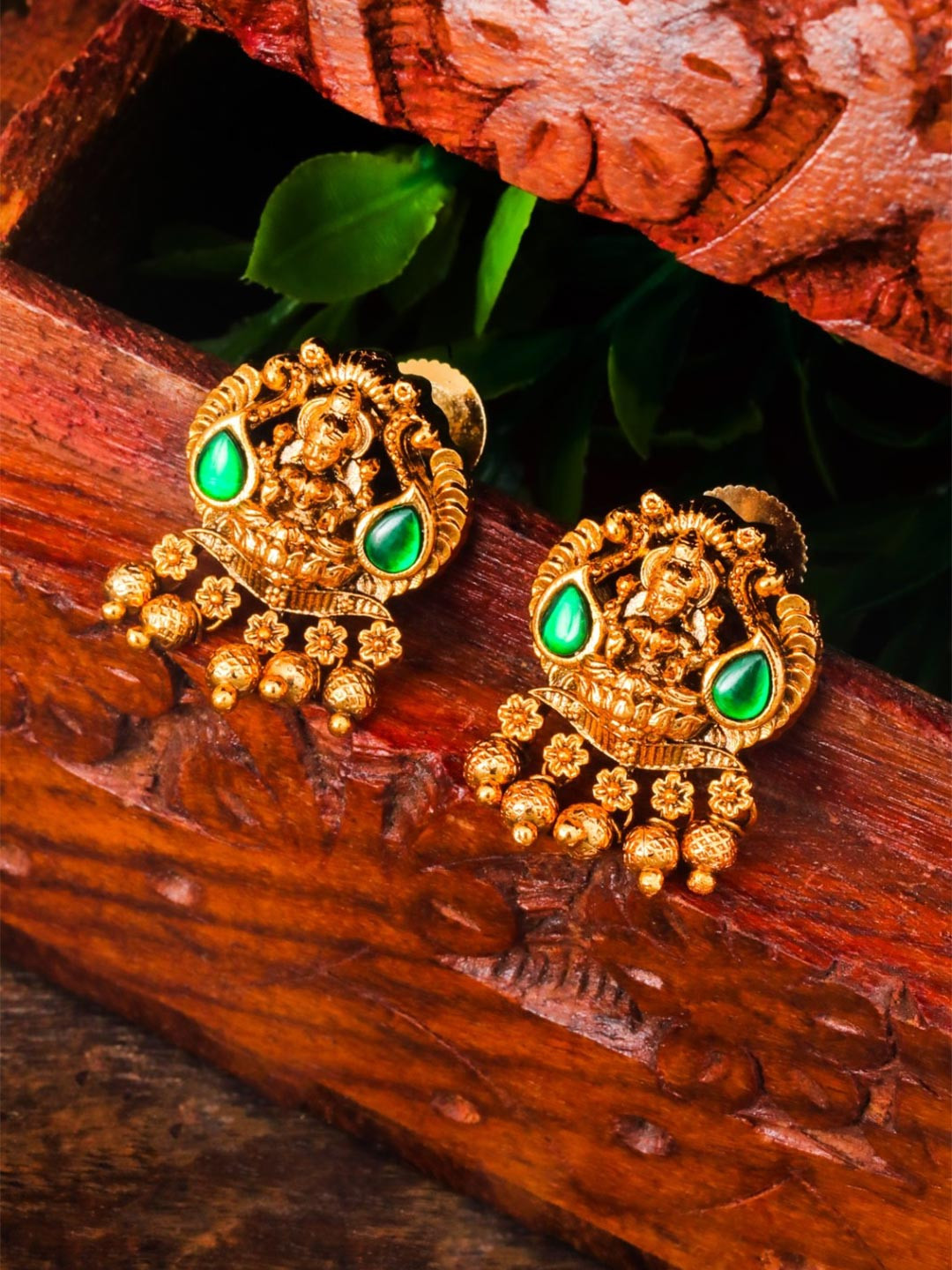 South Temple Jewellery Gold-Plated Artificial Stones Studded & Beaded Teardrop Studs