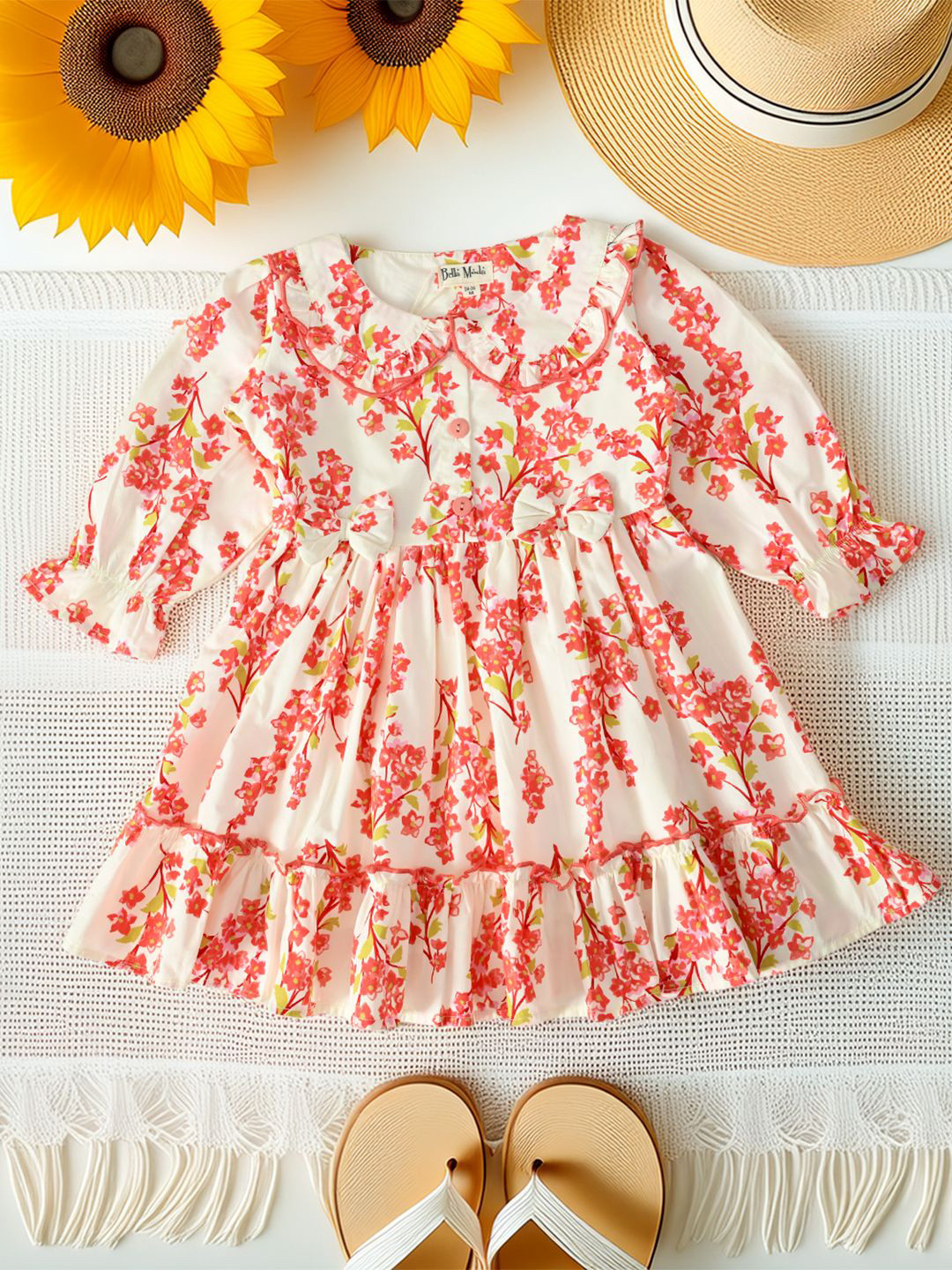 BAESD Girls Floral Printed Puff Sleeve Bow Button Closure Fit & Flare Dress