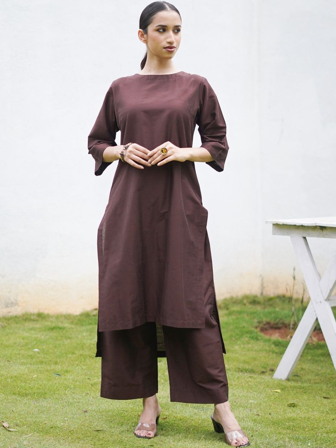 ETHNIC ELEMENTS Solid Tiered Boat -Neck Pure Cotton Kurta With Trousers