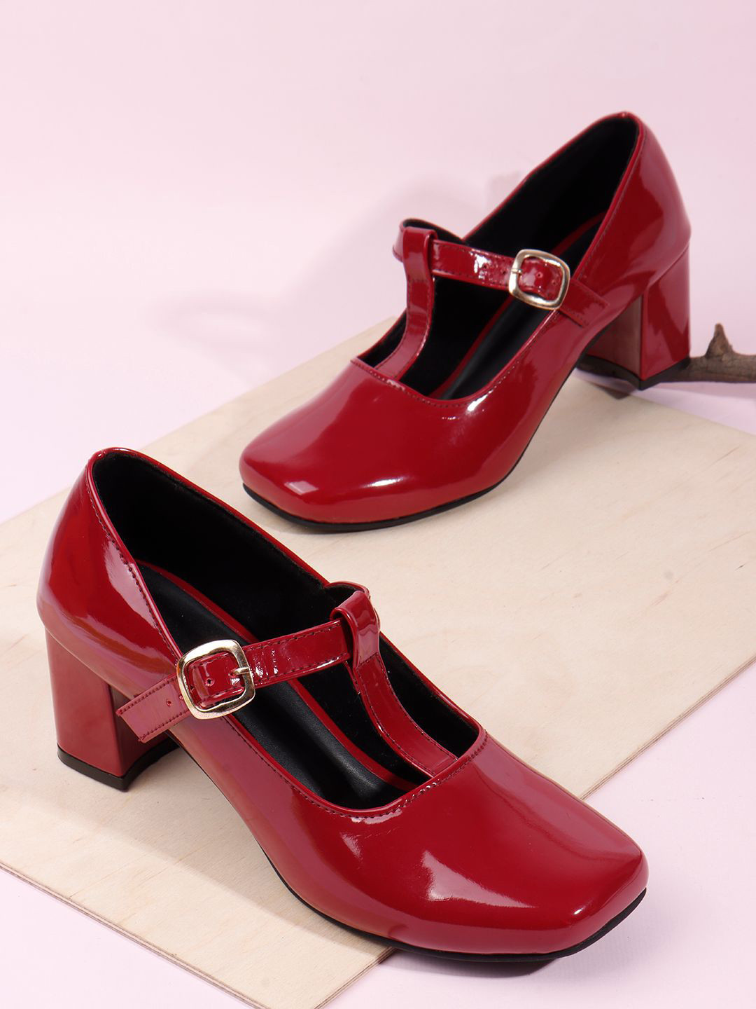 AVIVASTYLE  Women's Solid Square Toe Buckles Block Heel Mary Jane Shoe