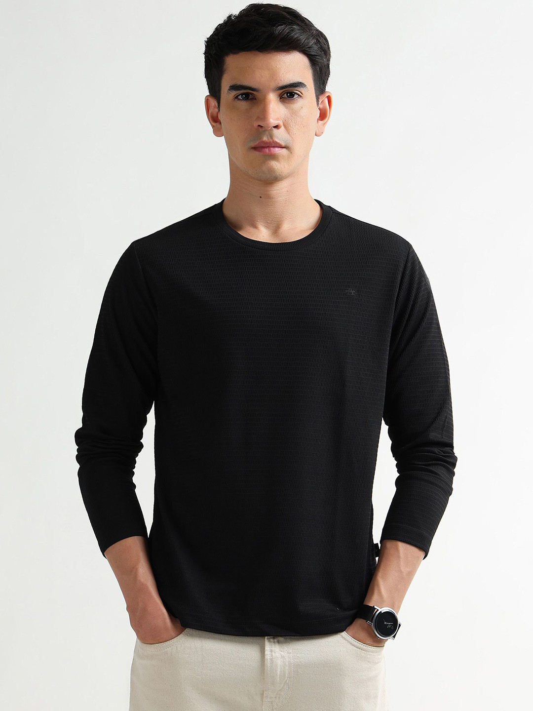 Arrow New York Self Design Printed Round Neck Cotton T-shirt