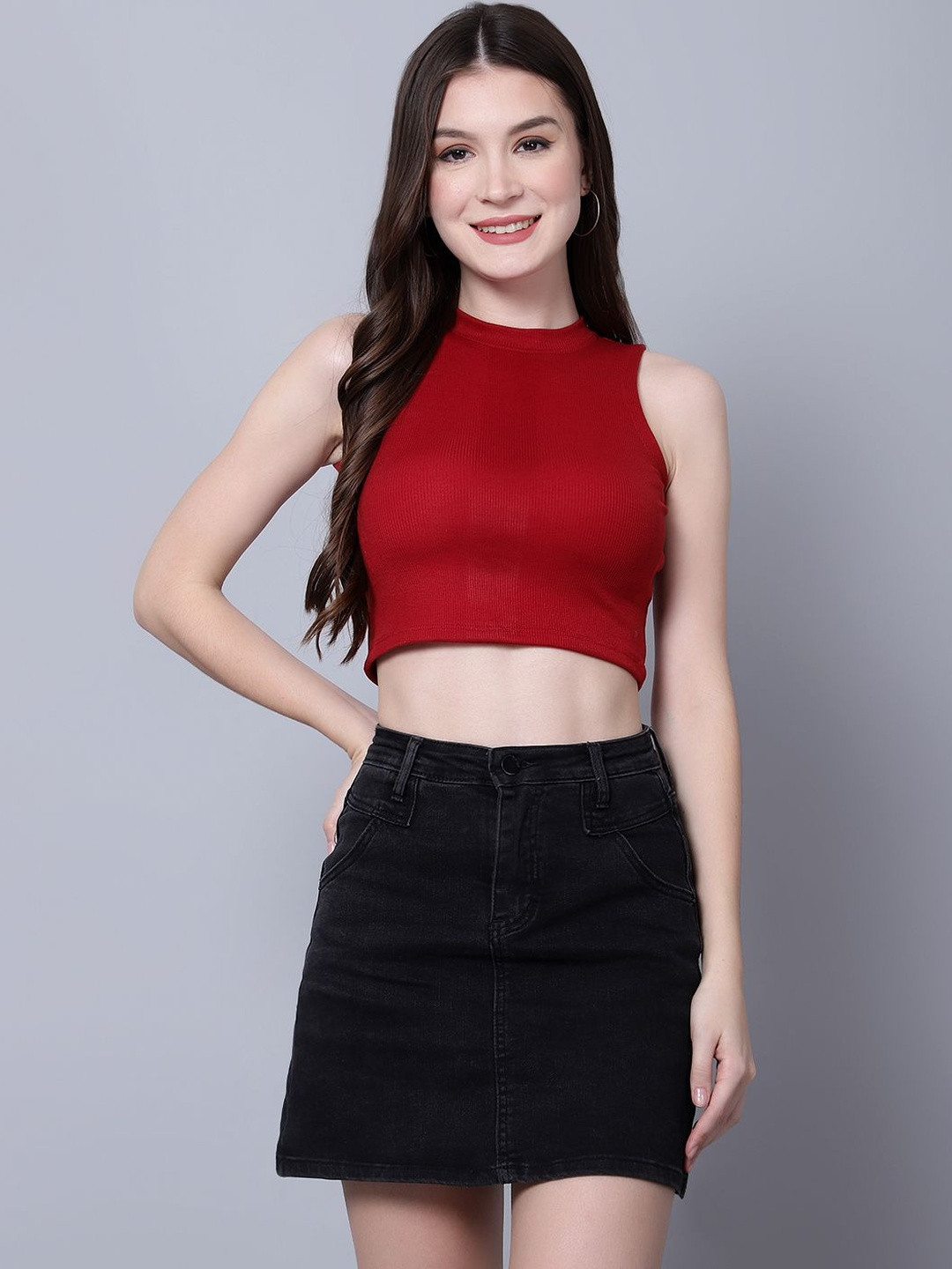 DIAZ Women Solid Ribbed Cotton Sleeveless High Neck Crop Fitted Top