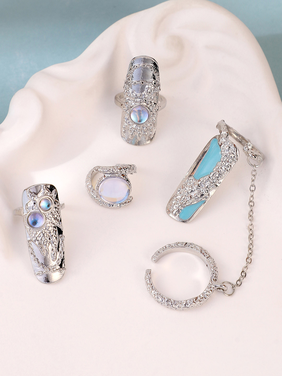 SOHI Set Of 4 Silver-Plated Stone Studded The Jasmine Nail Finger Rings