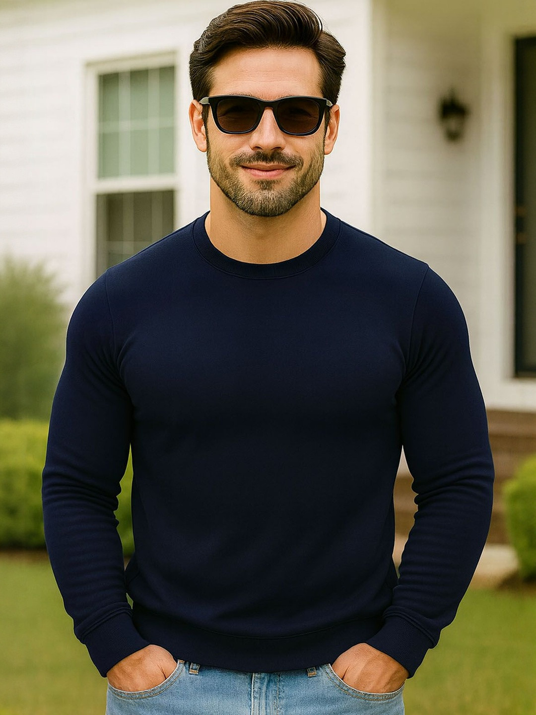 SZN Men Navy Blue Solid Round Neck Cotton Regular Fit Sweatshirt