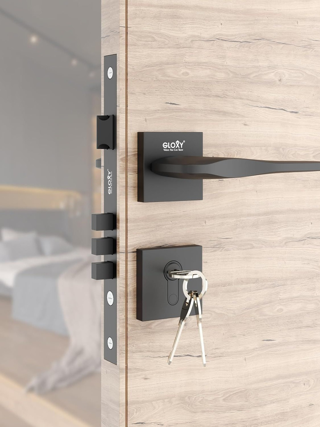 GLOXY Black Zinc Heavy Duty Mortise Main Door Lock Set with Door Handle and 3 Brass Keys