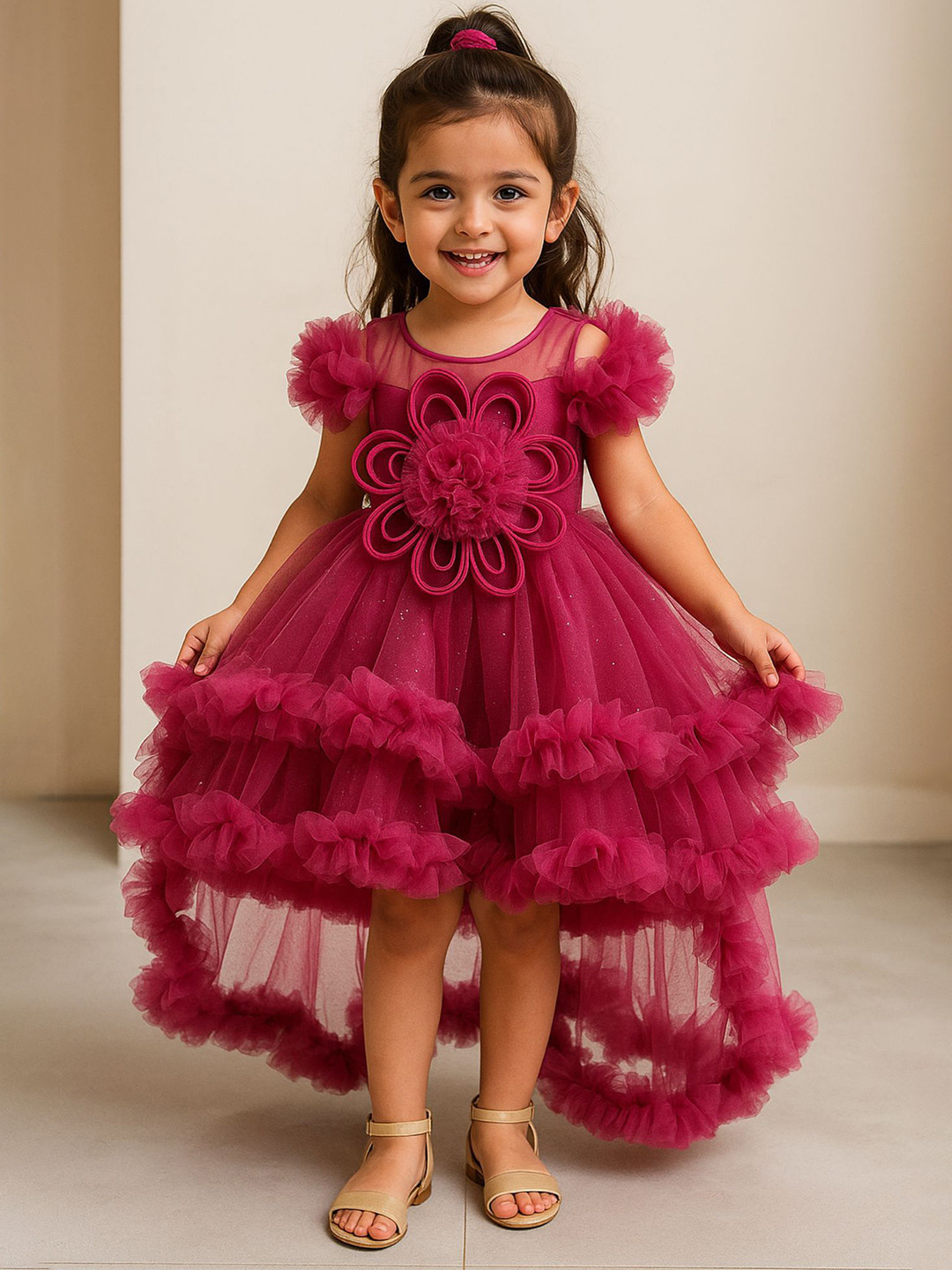 Lagorii Girls Ruffle Gown with 3D Floral Applique
