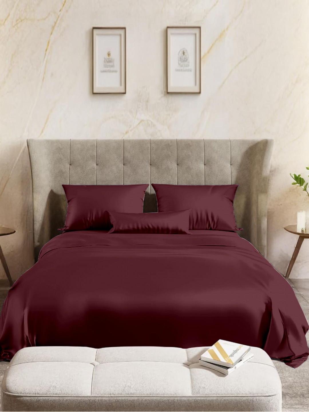 BED LINEN Maroon Satin 144 TC Queen Bedsheet Set 2.54 m x 2.28 m