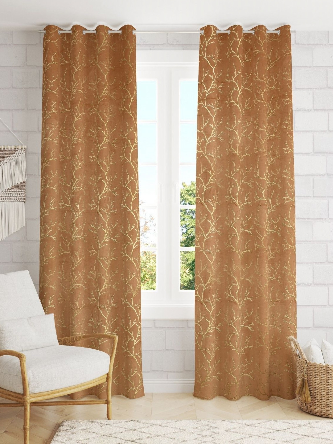 Kiara Creations Gold 2 Pieces Floral Room Darkening Velvet Door Curtains
