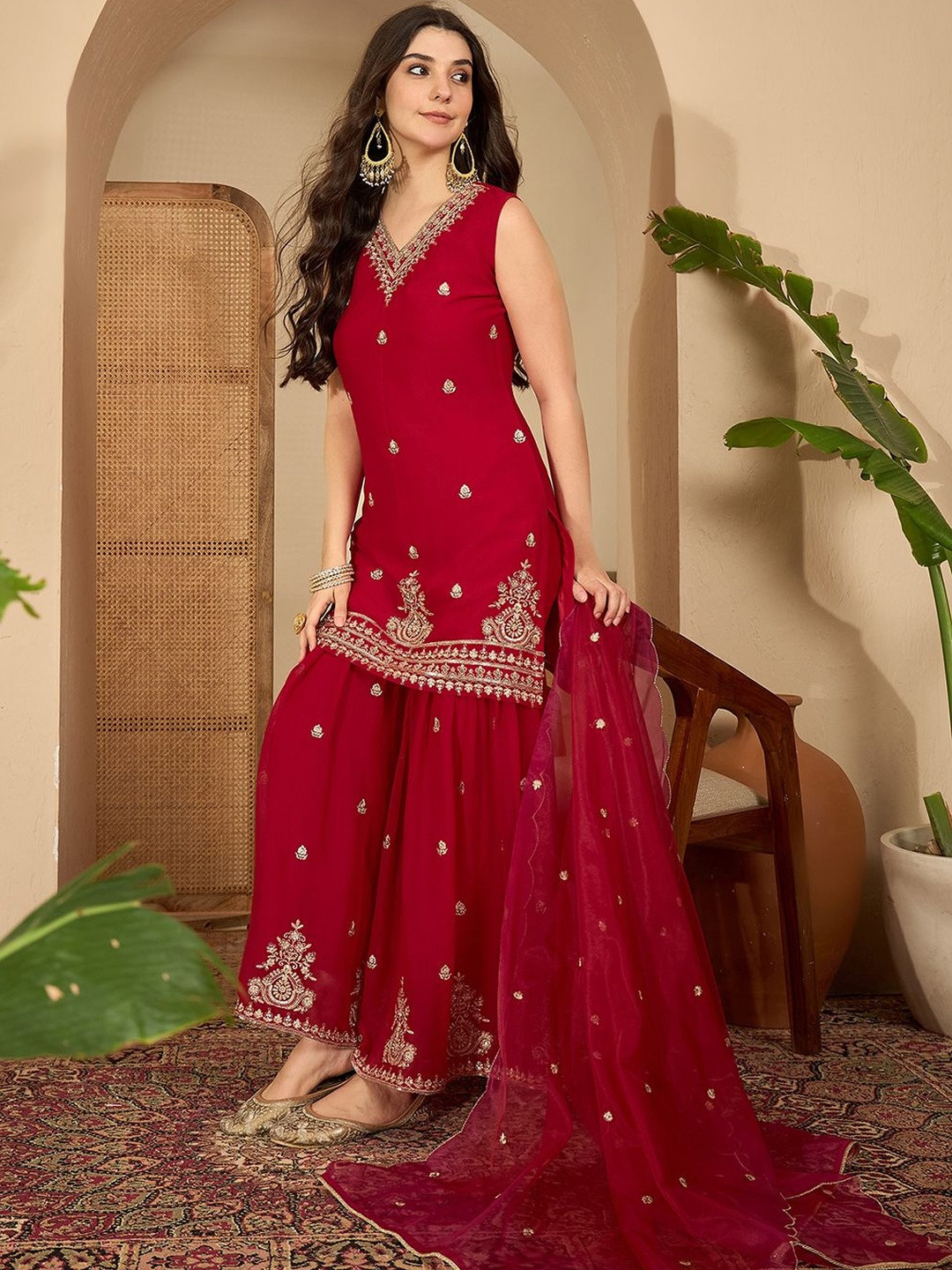Sangria Floral Embroidered Thread Work Straight Kurta With Sharara & Dupatta