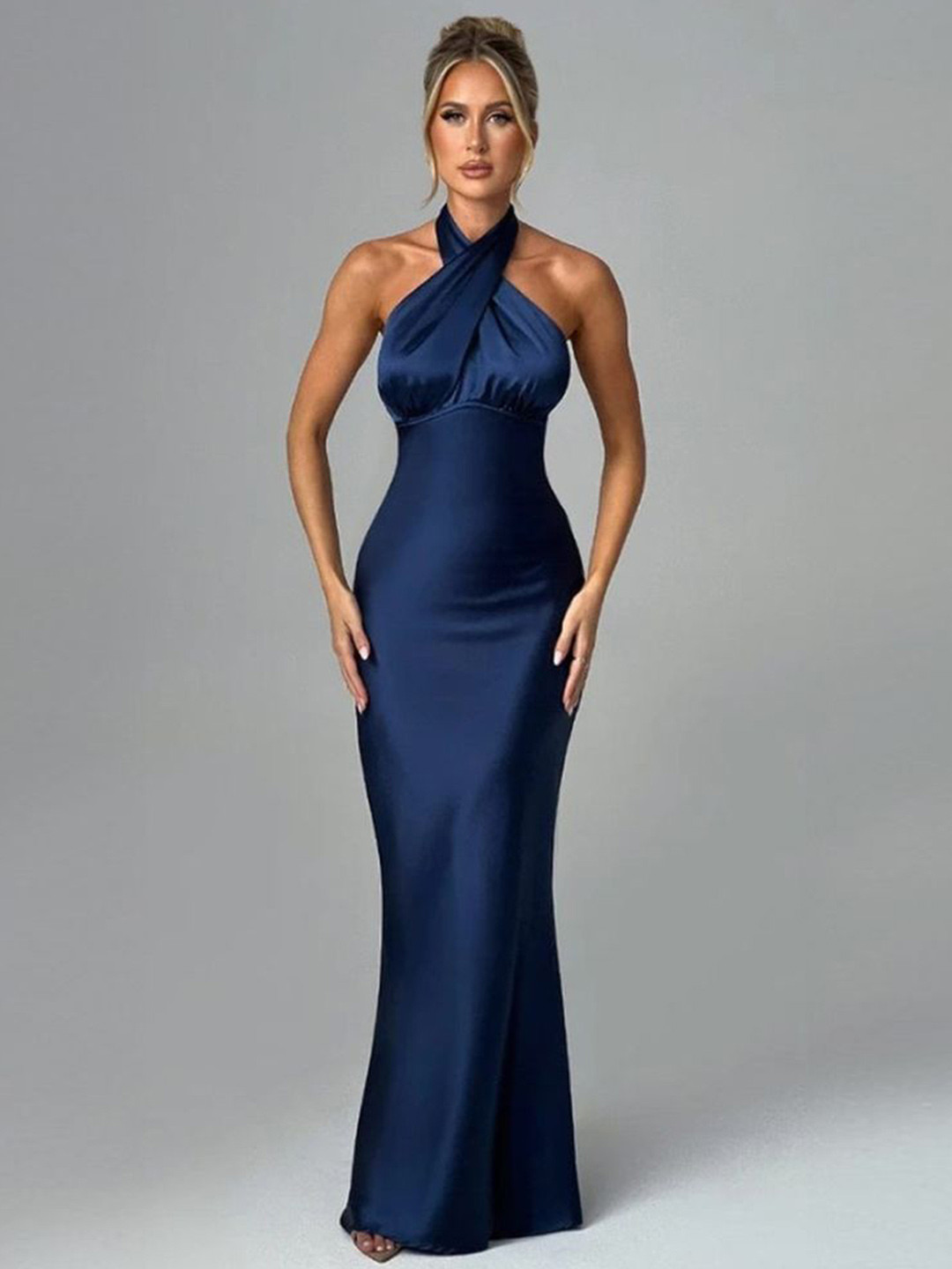 LULU & SKY Women Solid Halter Neck Tie-Ups Bodycon Maxi Dress