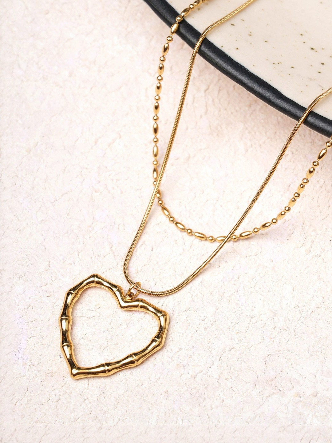 PALMONAS Gold-Plated Stainless Steel Waterproof Double Heart Outline Layered Chain