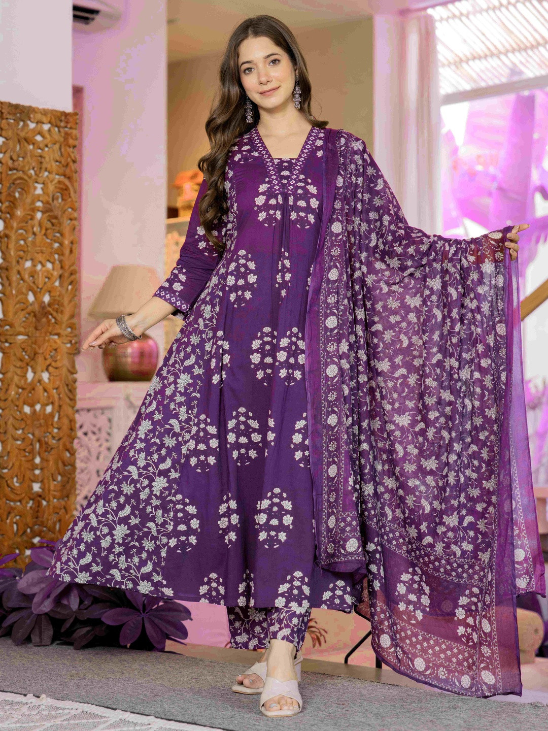 GEKHA Floral Printed Pleated Pure Cotton Anarkali Kurta With Trousers & Dupatta