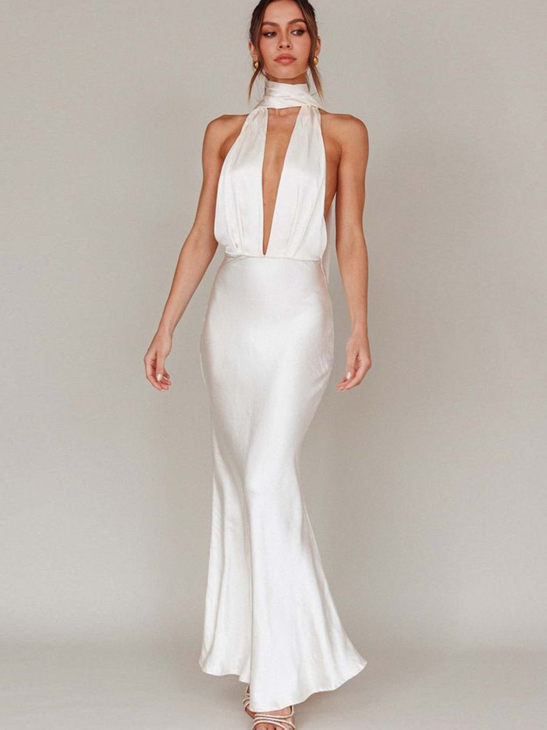 LULU & SKY Scarf Neck Slits Backless Satin Maxi Dress