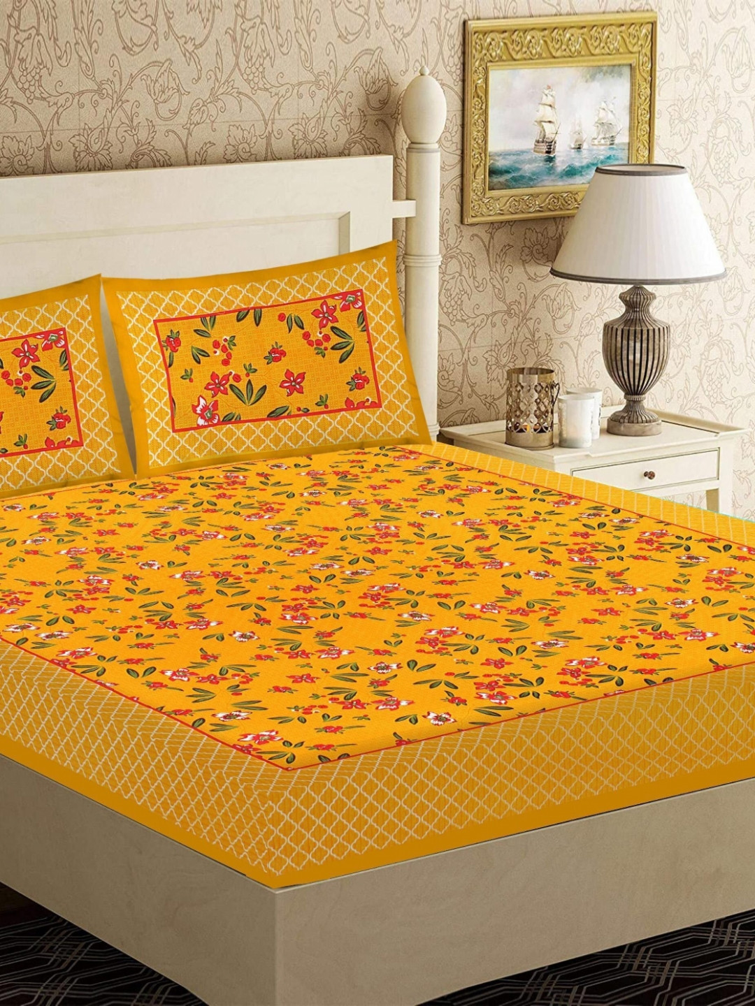 Cotton Choice Yellow & Red Floral Cotton 180 TC King Bedsheet With 2 Pillow Covers