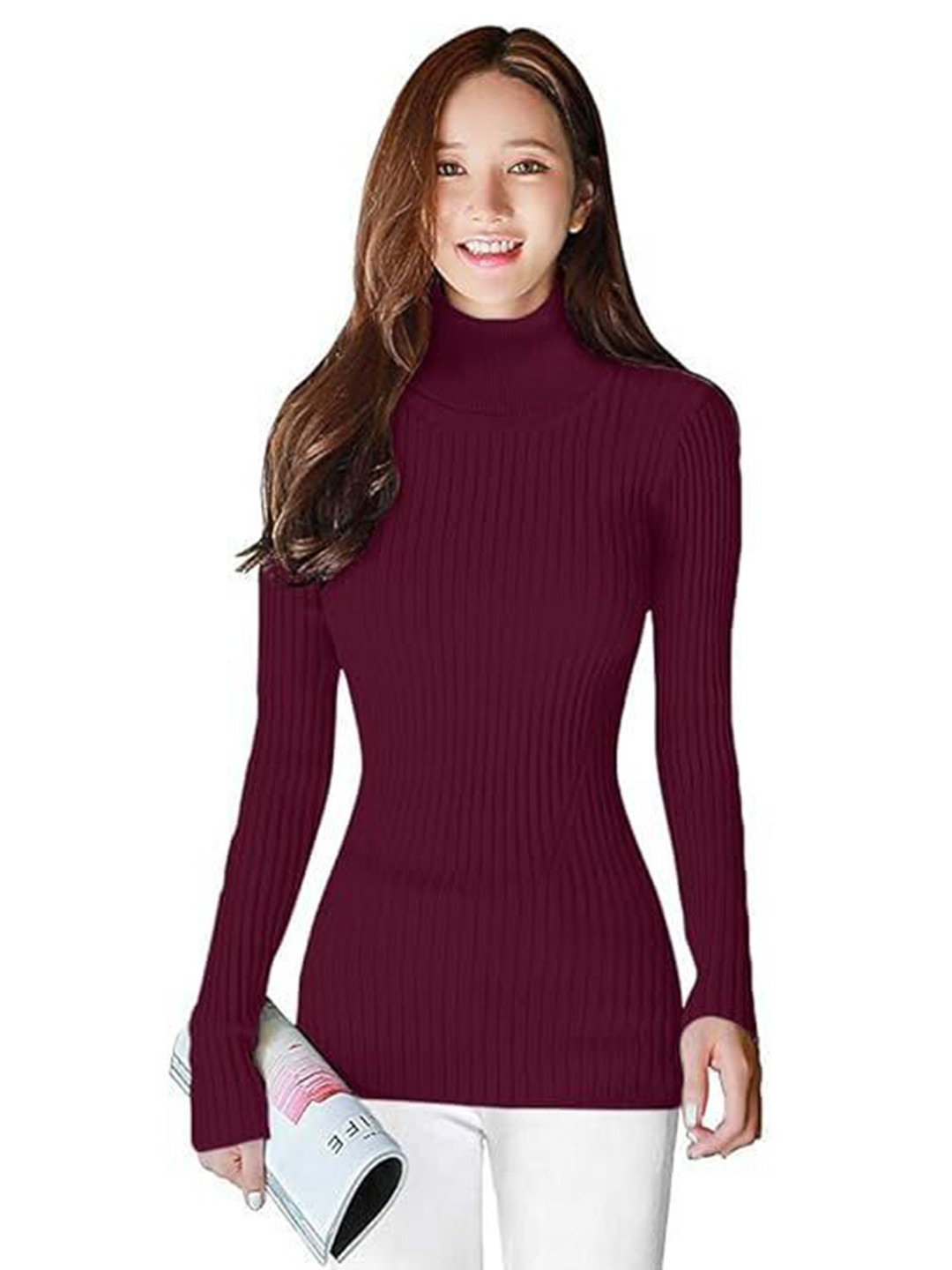 Deshi Look Women Solid High neck long sleeves Pullover Sweatshirt