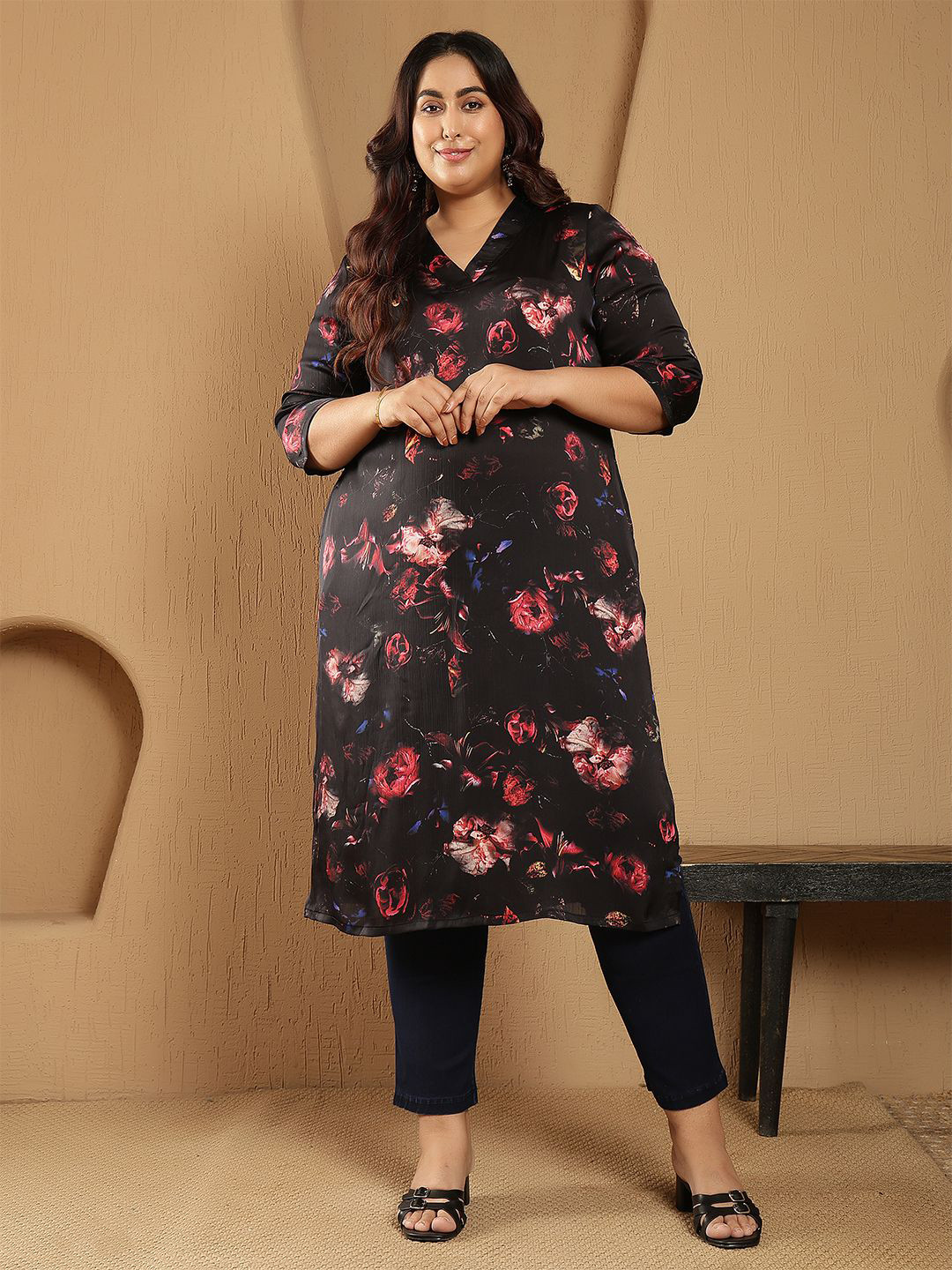Amydus Plus SIze Women Floral Printed V Neck Staright Satin Kurta