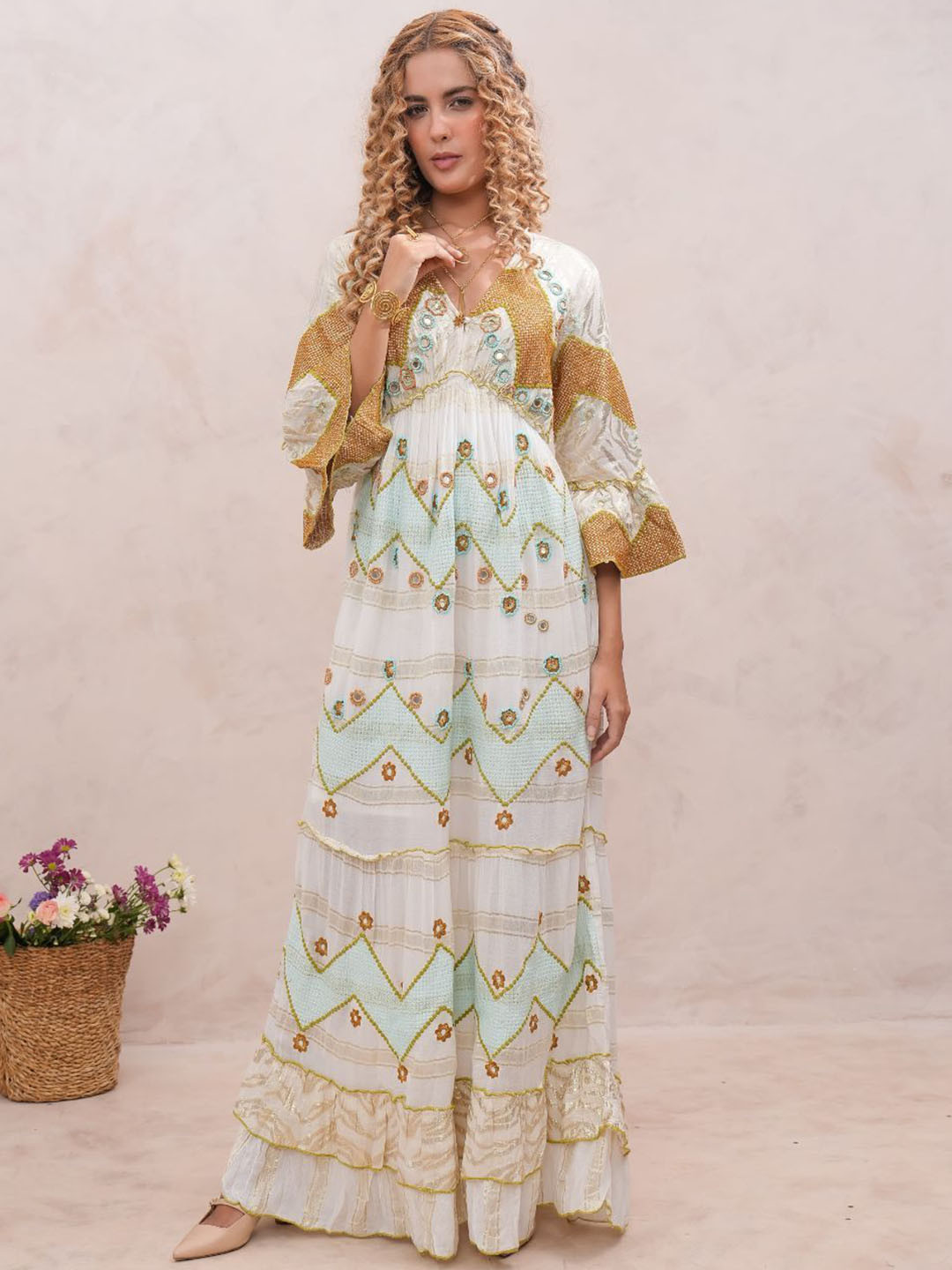 Zolo Label Womens Cream Viscose Embroidered Maxi Ethnic Dress