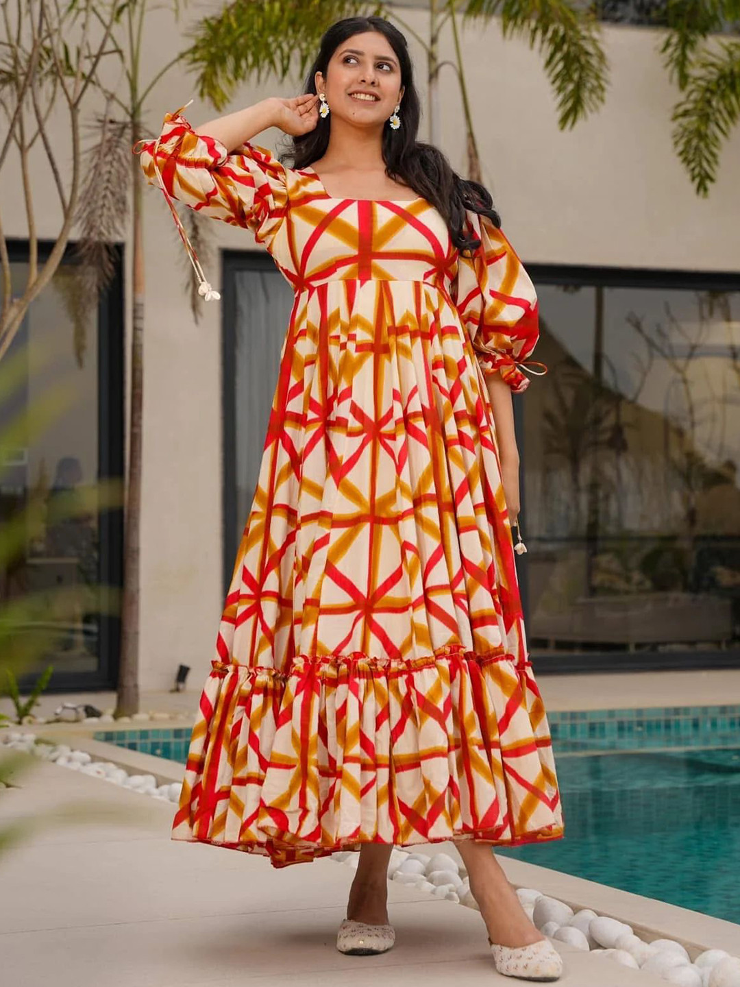 Pantos Women Abstract Printed Square Neck Puff Sleeves Tiered Maxi Dress